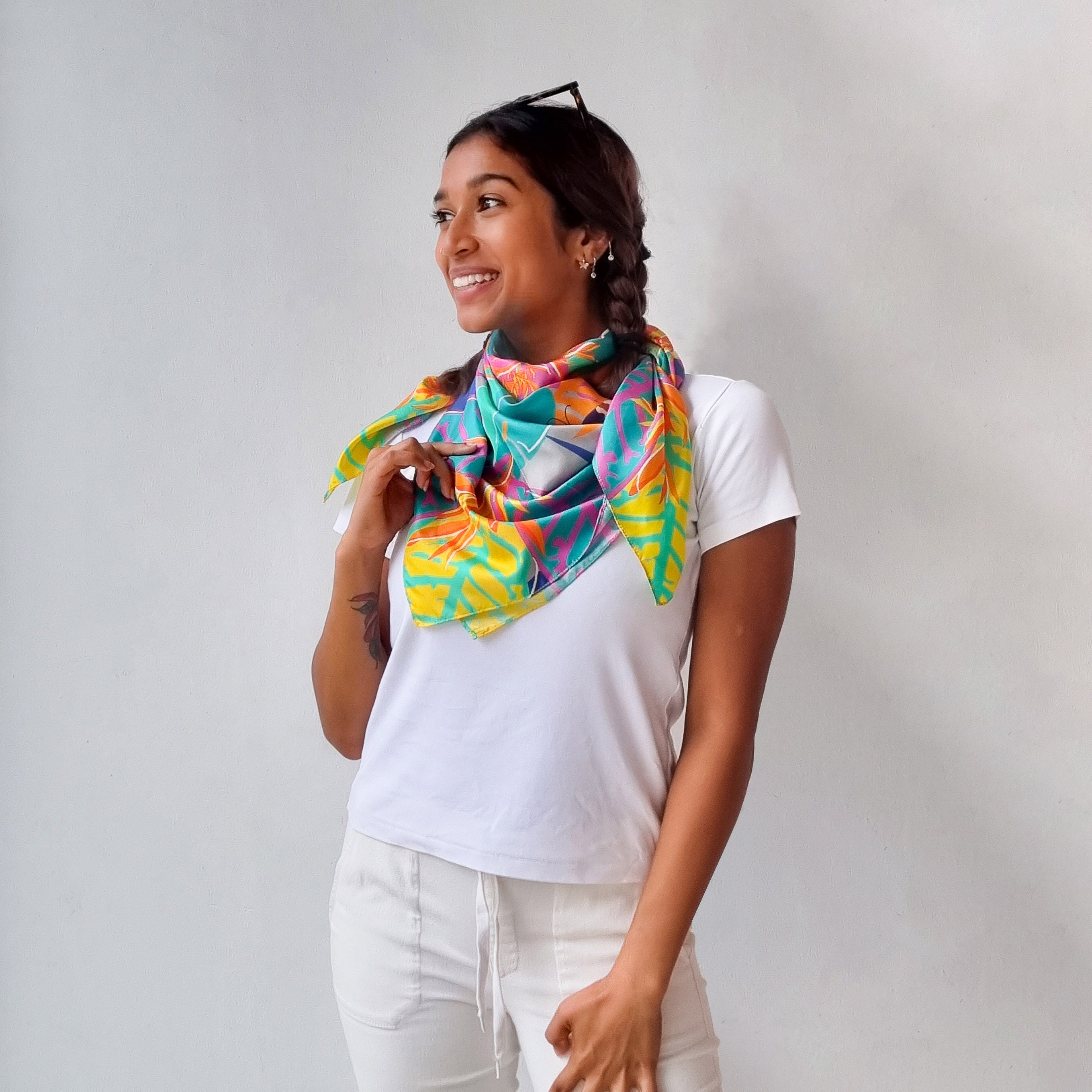 Singapore Silk Scarf with Blooms and Butterflies Design - Elegant Fashion Accessory for Women, Perfect for Office, Travel and Special Occasions