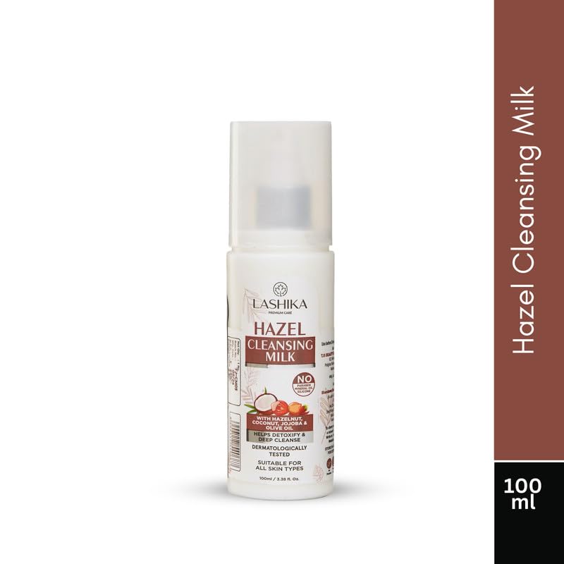 Lashika Hazel Cleansing Milk with Hazelnut, Coconut Oil, Jojoba, Olive Oil & Almond Oil - Natural Makeup Remover & Face Cleanser for Sensitive Skin (100ml) | Gentle Daily Cleansing for Dry & Oily Skin Types