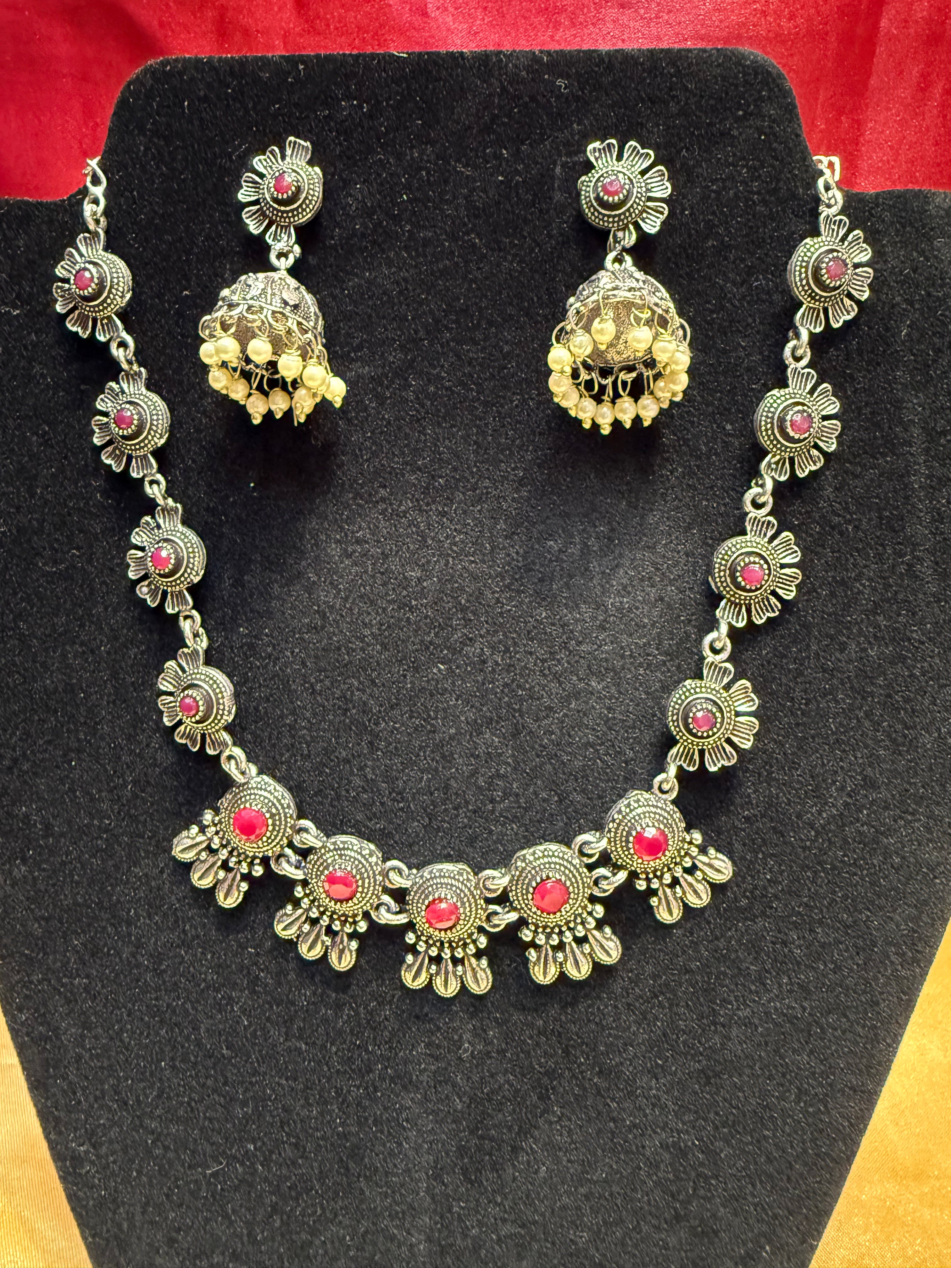 Elegant Pink Oxidized Designer Pearl Drop Jhumka Necklace Set - Perfect for Weddings, Parties & Ethnic Fashion