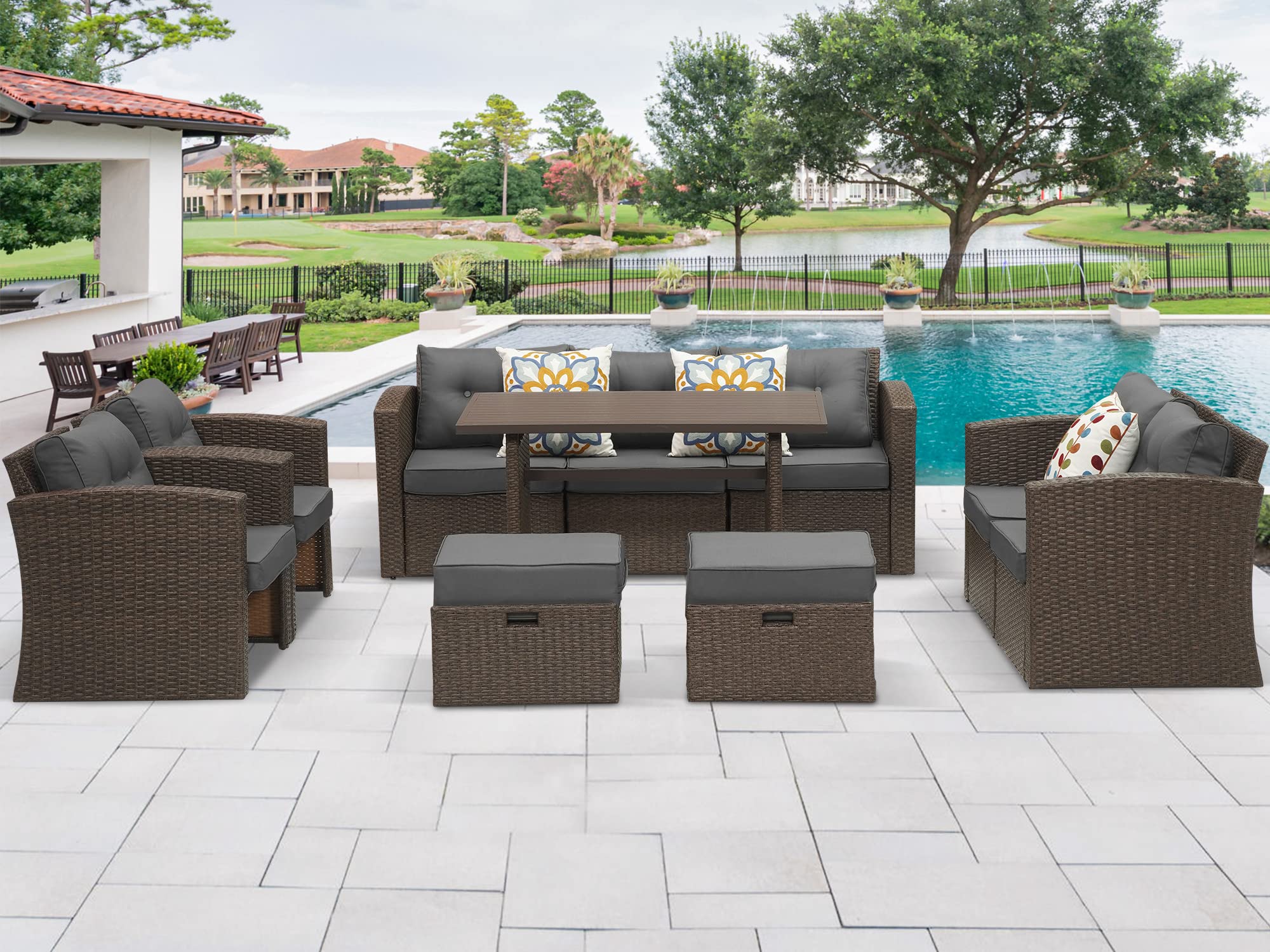 10-Piece Patio Furniture Set - All-Weather Wicker Outdoor Dining Sectional Sofa with Table, Chairs, Cushions & Ottoman - Perfect for Garden, Lawn, Deck or Backyard Relaxation & Entertaining