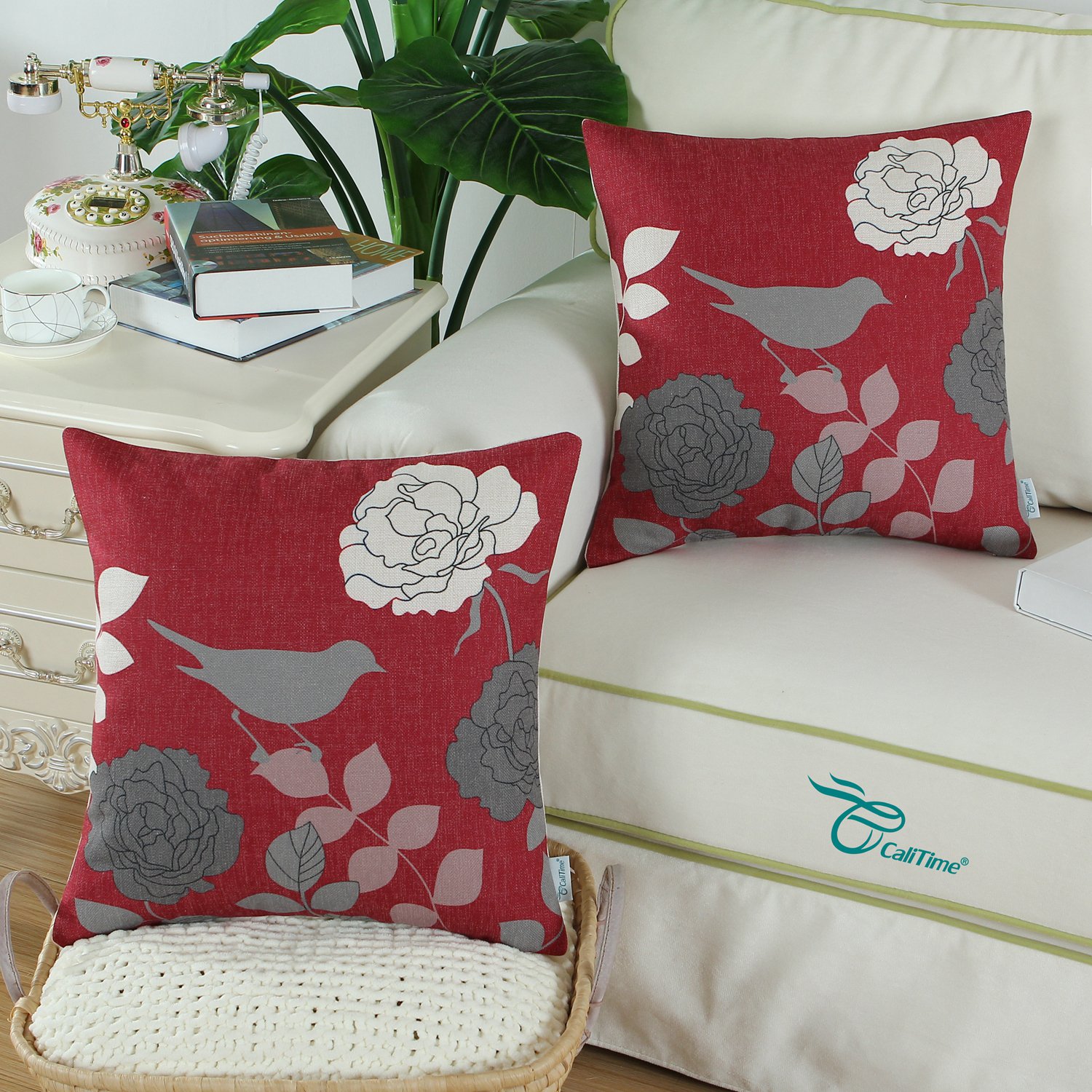 Calitime 20x20 Inch Canvas Throw Pillow Cover - Floral Cartoon Shadow Bird Silhouette Design for Couch, Sofa & Home Decor (Burgundy/Grey) | Cozy Living Room Accent, Bedroom Decoration & Gift Idea