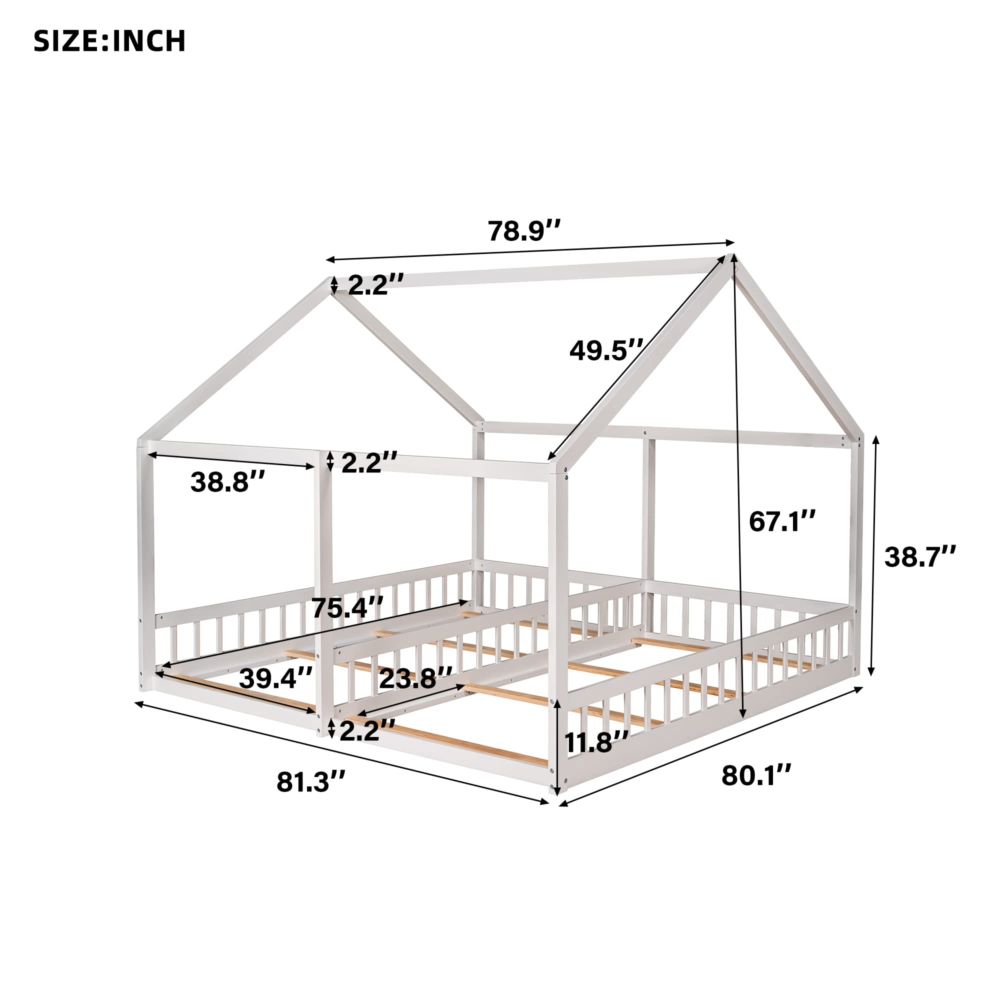 Harper & Bright Designs Solid Wood Twin House Bed with Rails & Roof - Montessori Floor Bed Frame for Kids, Teens, Boys & Girls - Perfect for Bedrooms, Playrooms & Montessori Classrooms (White)