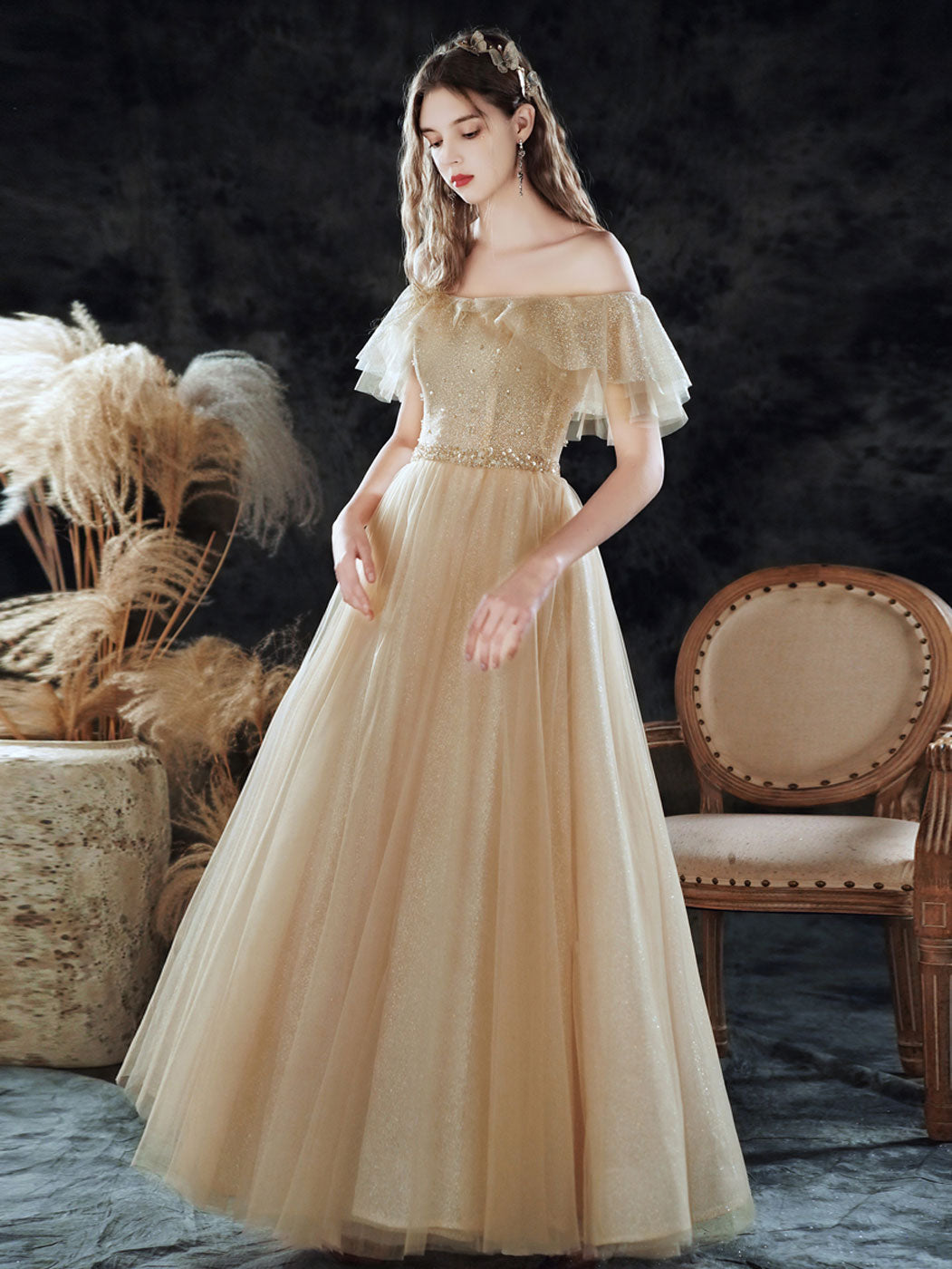 Elegant Champagne Sequin Tulle Long Prom Dress - A-Line Evening Gown for Formal Events, Homecoming, Wedding Guest & Special Occasions