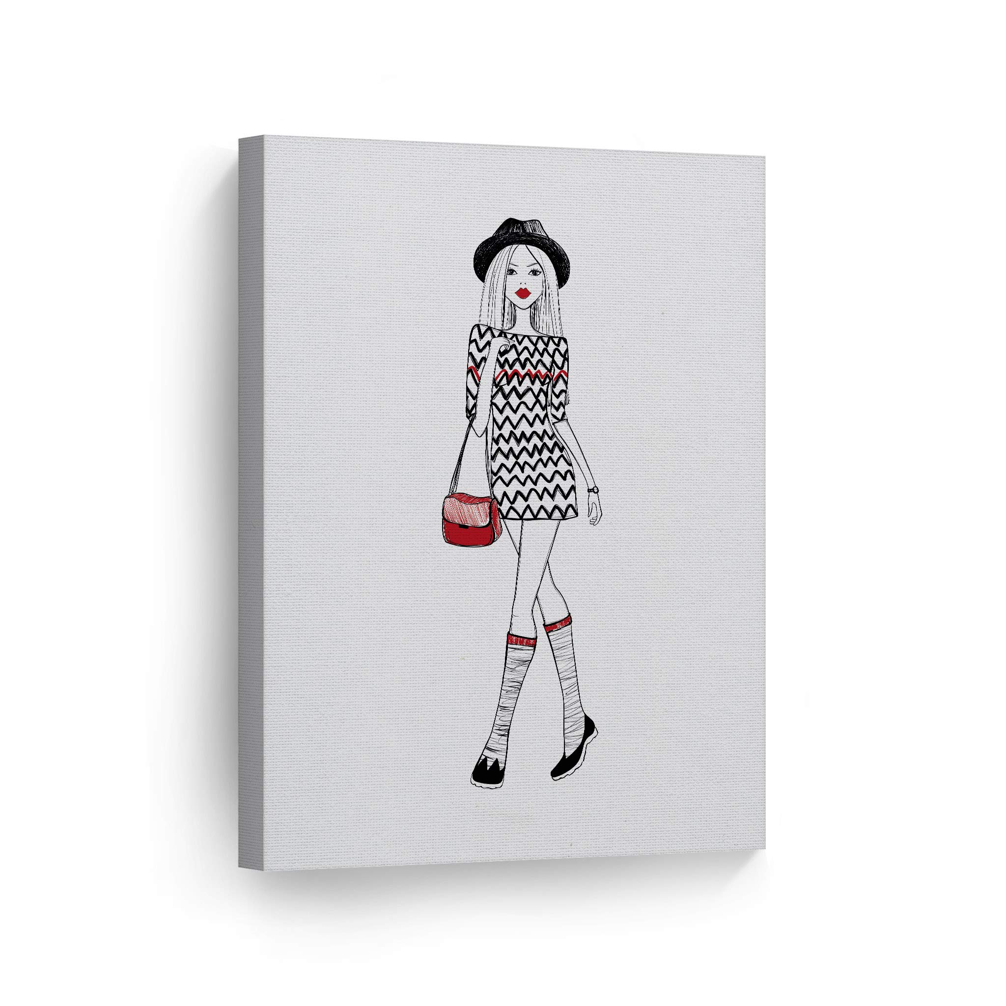 Glam Fashion Canvas Print - Beautiful Woman in Black Hat & Red Lips Wall Art | 40x30 Inch Ready to Hang | Perfect for Office, Bathroom, Teen Girl Room, Women's Dorm, Bedroom & Living Room Decor