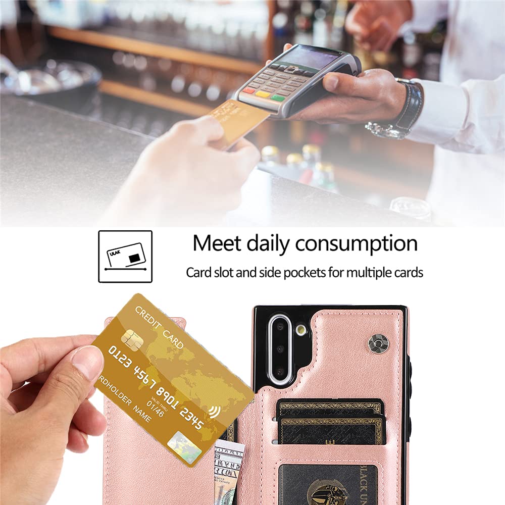 Premium PU Leather Wallet Case for Samsung Galaxy Note 10 with Card Holder & Kickstand - Rose Gold Women's Protective Cover with Tempered Glass Screen Protector | Perfect for Business, Travel & Everyday Use