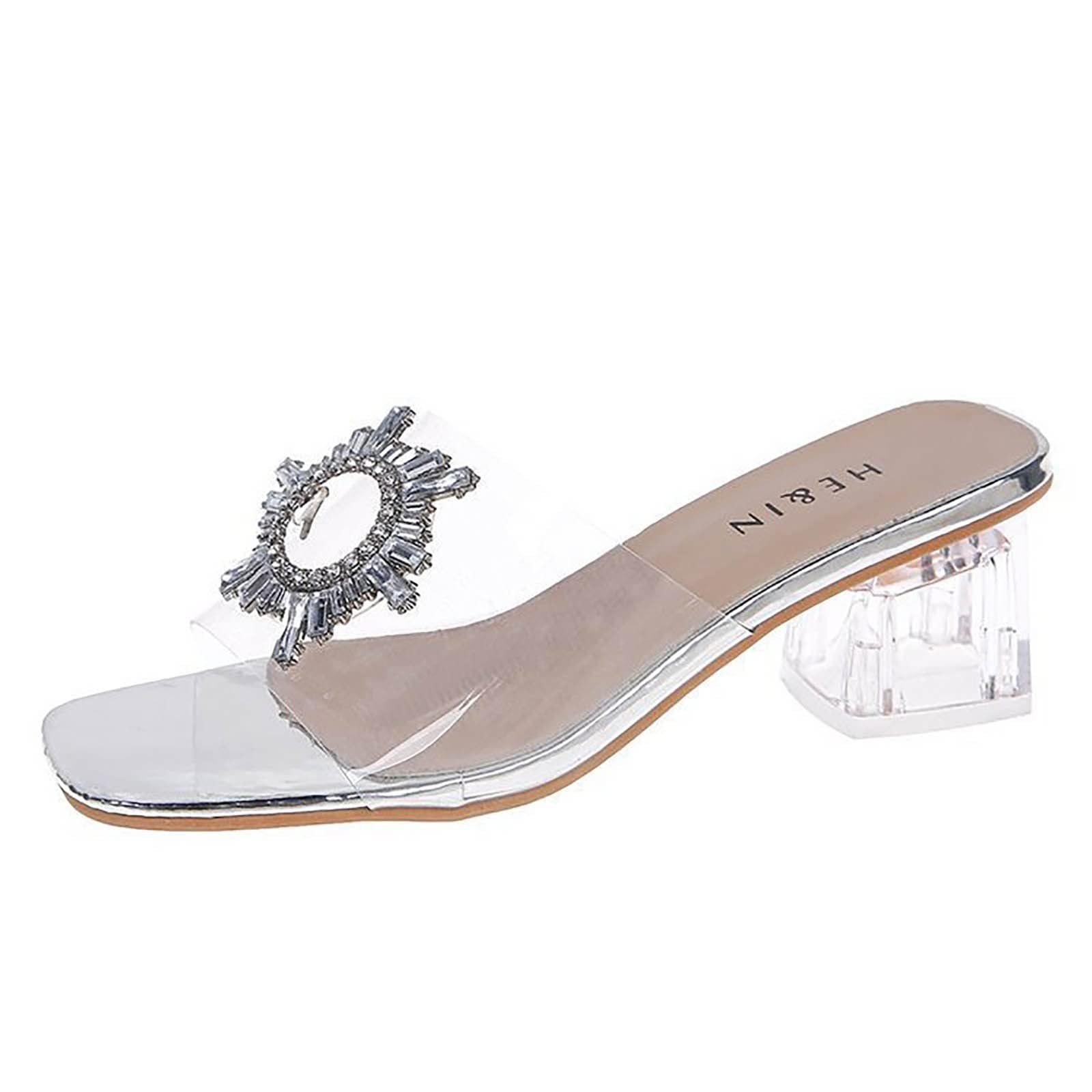 Women's Fashion Transparent Crystal Square Heel Sandals - Comfortable Rubber Casual Slippers for Outdoor, Beach, and Summer Wear