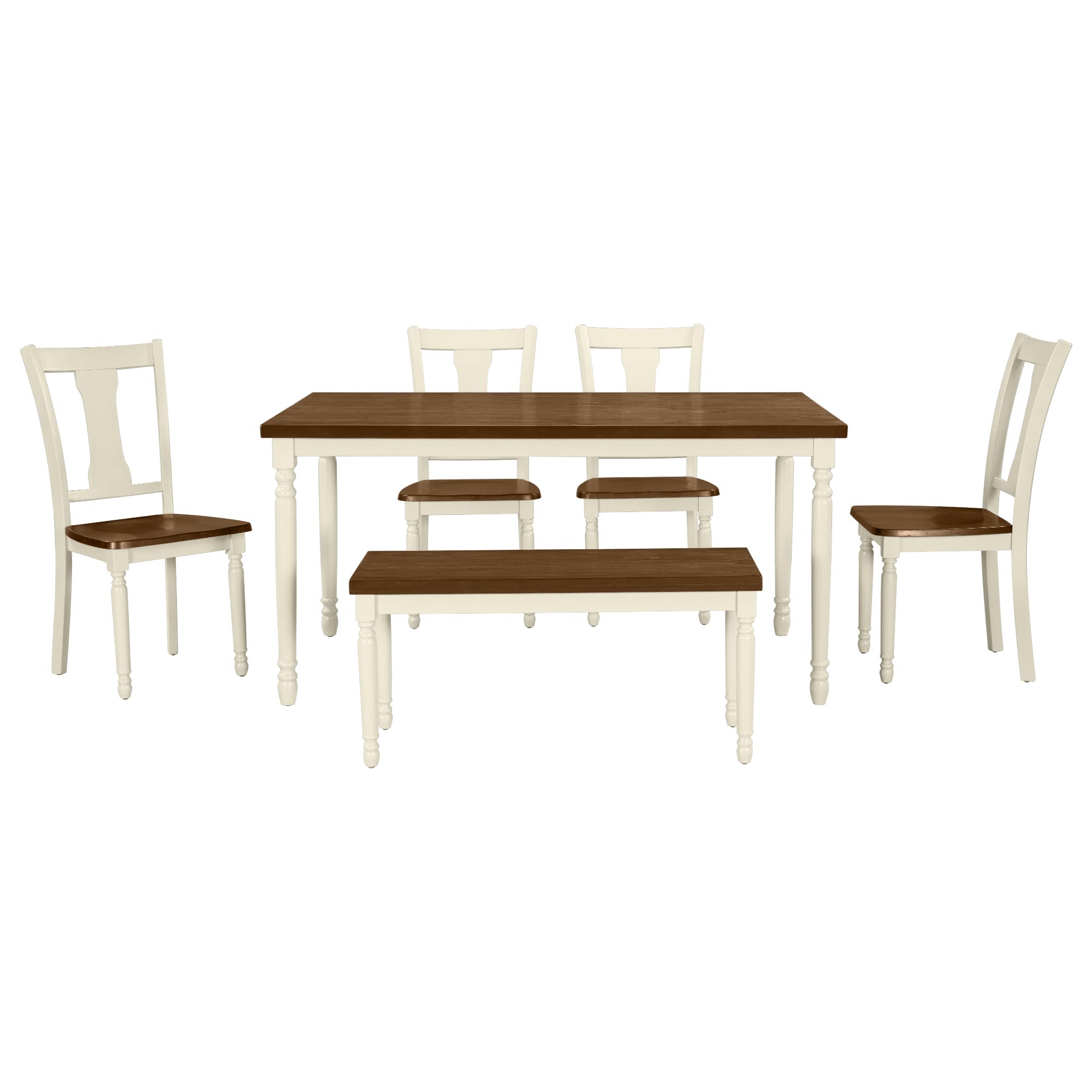 6-Piece Farmhouse Dining Table Set with Bench - Rectangular Kitchen Table & 4 Chairs for 6 People | Rustic Home Decor for Dining Room, Breakfast Nook & Small Space Gatherings