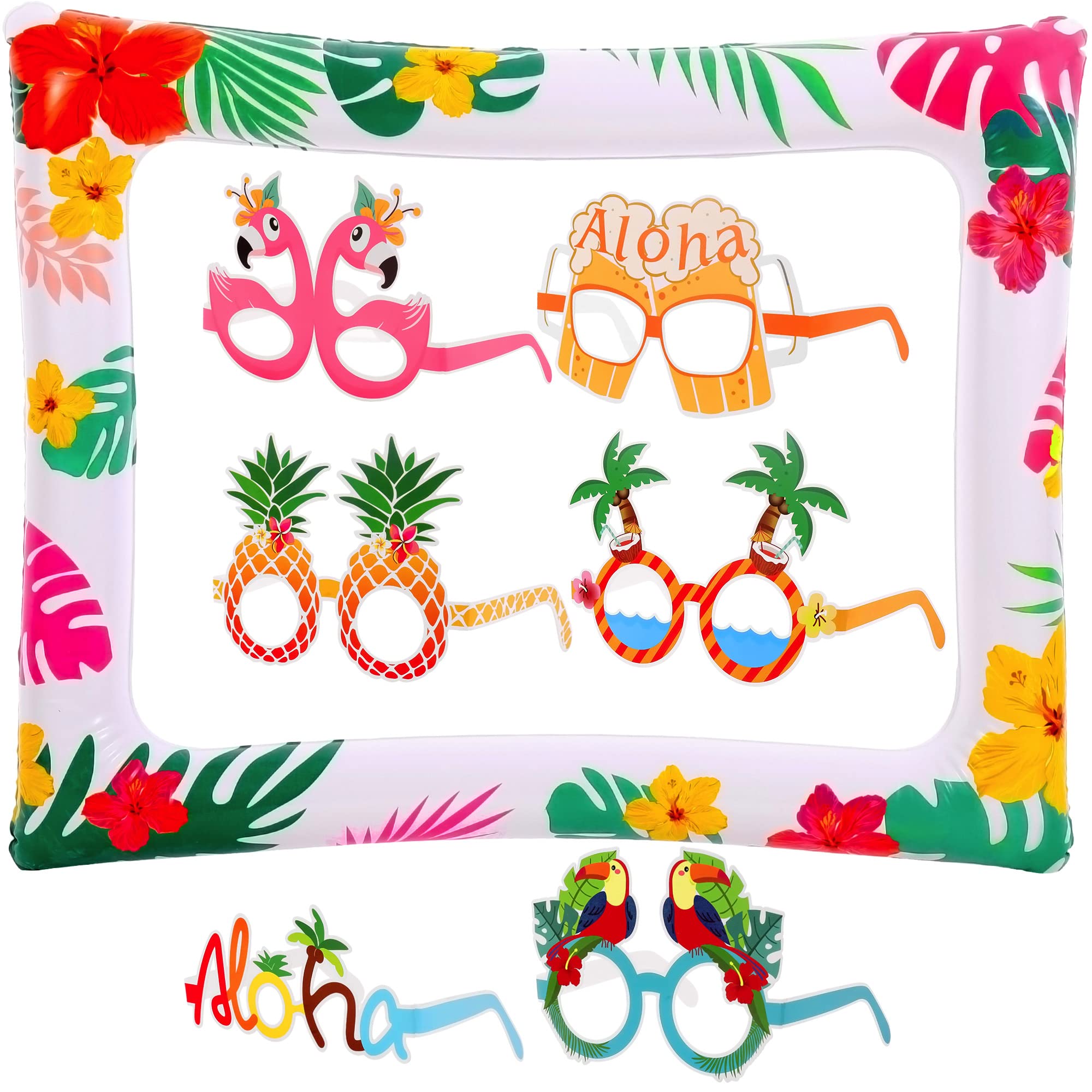 **12-Pack Hawaiian Tropical Sunglasses | 28x23 Inch Inflatable Photo Booth Frame for Luau & Pool Parties | Kids & Adults Aloha Party Decorations – Perfect for Beach, Summer, and Themed Events**