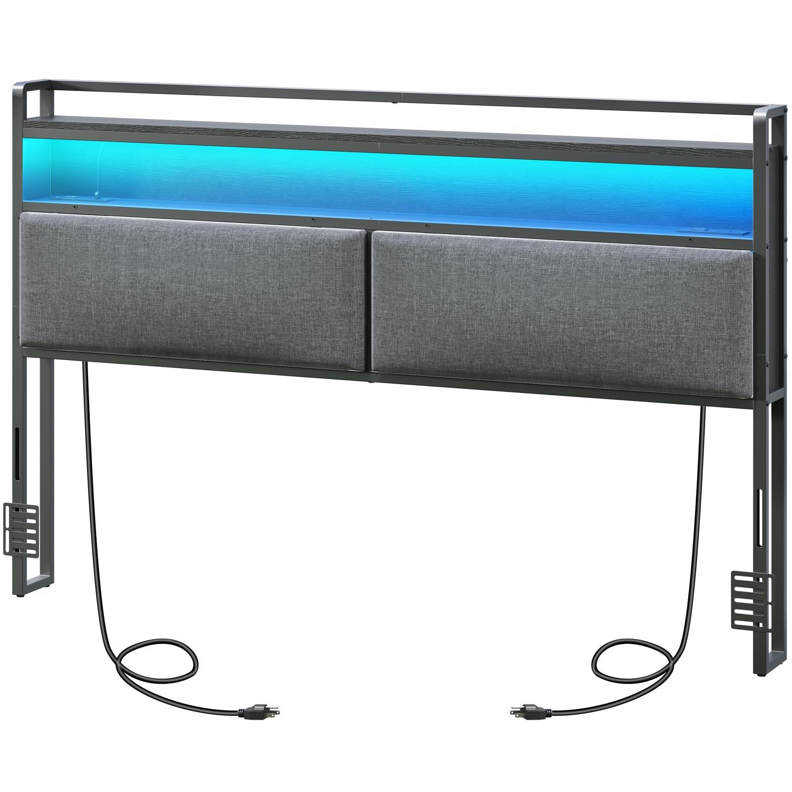 King Size Upholstered Headboard with Power Panels - LED Light, 2 AC Outlets, 4 USB/Type-C Ports & 2-Tier Open Shelves | Includes Bed Frame Adapters | Black & Gray | Perfect for Modern Bedrooms & Home Theaters