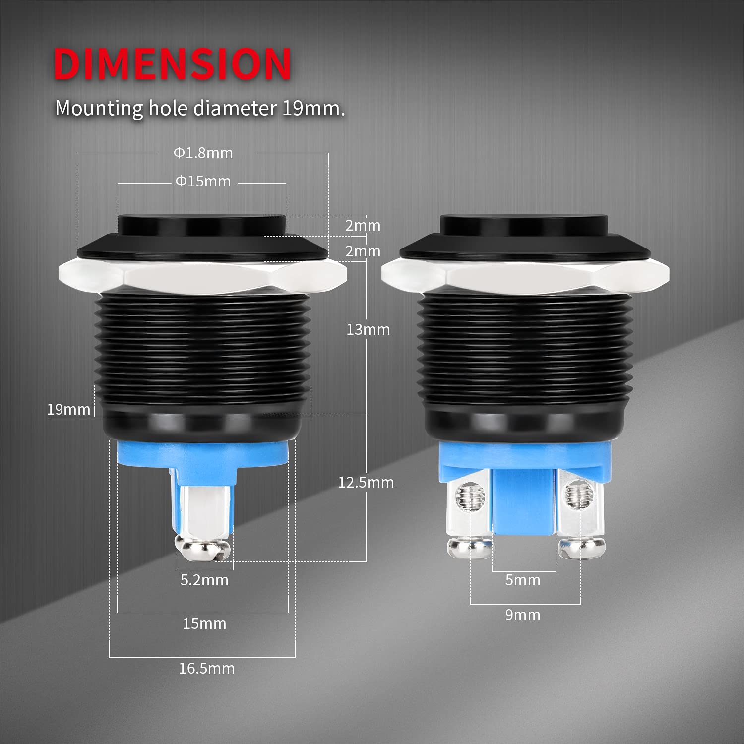 DaierTek 12V Momentary Horn Push Button Switch - Black Metal Waterproof 19mm Round Starter Power Switch for RV, Truck, Boat, Marine (2 Pack) - Perfect for Automotive, Marine & Industrial Applications