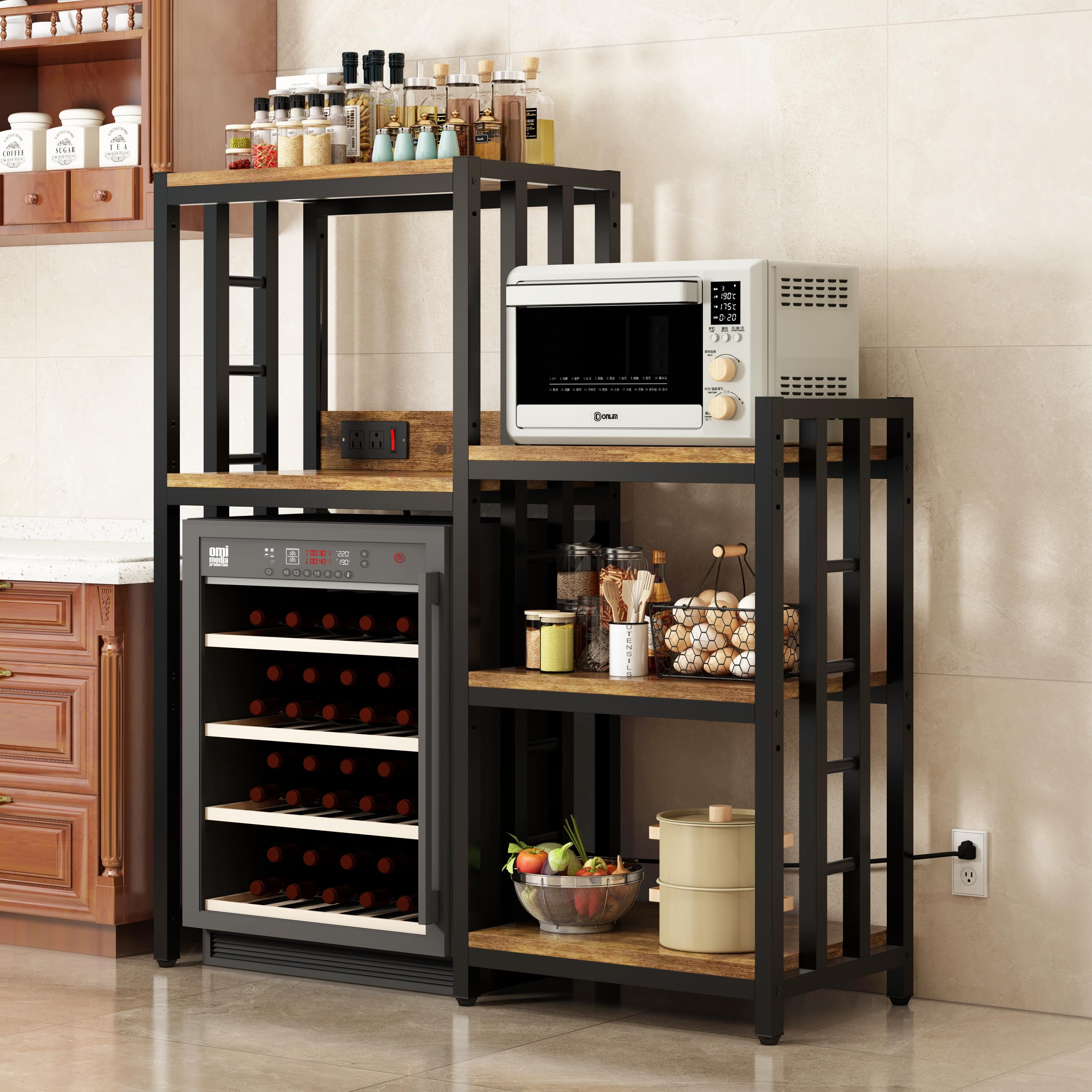 6-Tier Kitchen Baker's Rack with Power Outlet & Storage Shelves - Microwave Stand, Mini Fridge Organizer for Spices, Pots & Pans - Perfect for Kitchen, Living Room & Office (Brown)