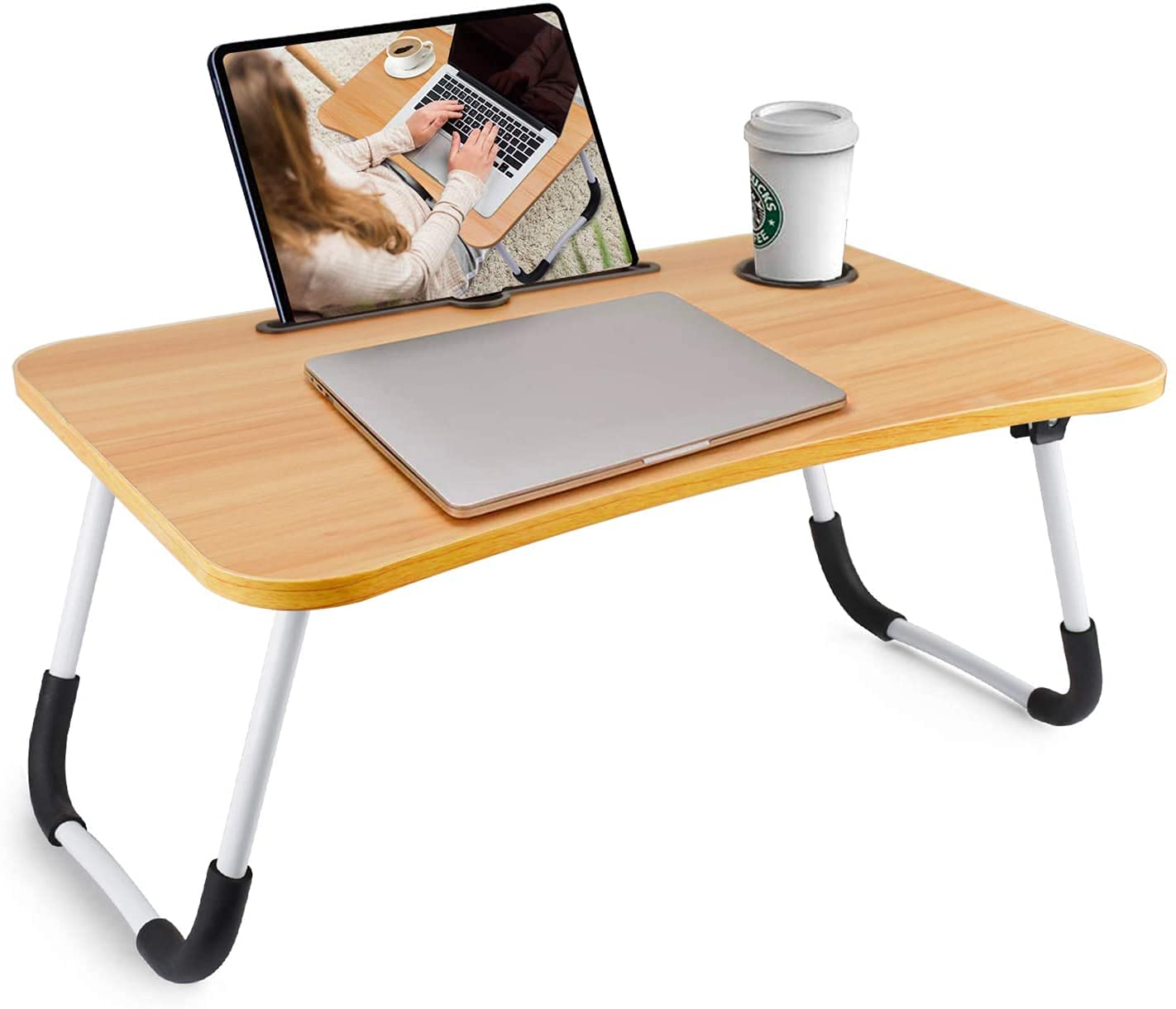 Foldable Bed Tray Lap Desk - Portable Laptop Desk with Phone Holder & Notebook Stand - Compact Folding Table for Dorm Room, Home Office & Bed (Beige) - Perfect for Studying, Working & Eating in Bed or Small Spaces