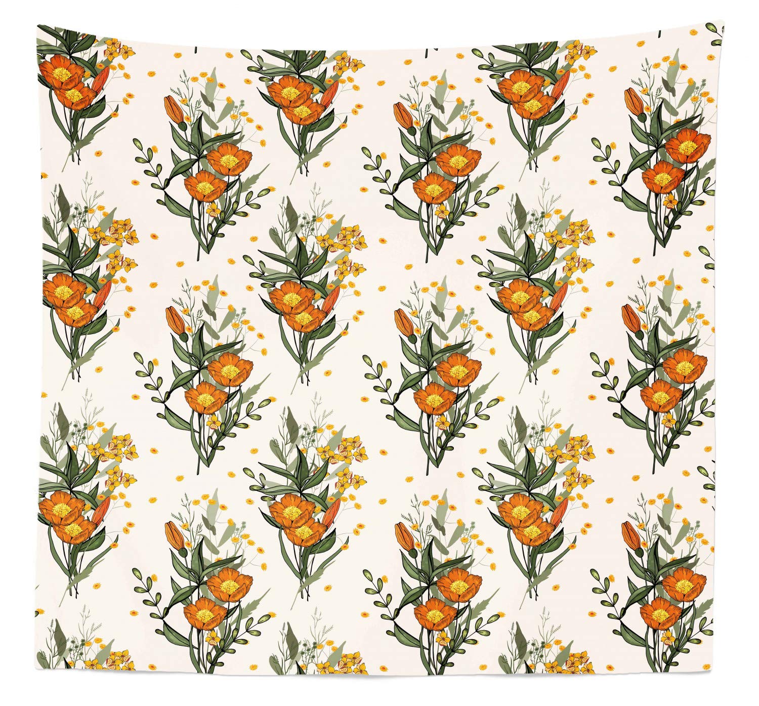 Ambesonne Hawaii Tapestry Queen Size 88x88 Inch - Vintage Tropical Flower & California Poppy Design - Wall Hanging, Bedspread, Bed Cover for Home Decor in Burnt Orange Champagne - Perfect for Beach House, Boho Bedroom & Living Room Wall Art