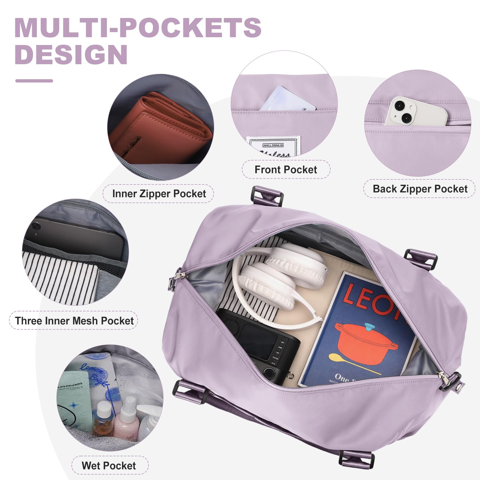 Light Purple Extra Large Travel Duffel Bag with Toiletry Bag - Women's Weekender Overnight Carry-on Gym Bag with Wet Pocket - Perfect for Travel, Gym, and Weekend Getaways