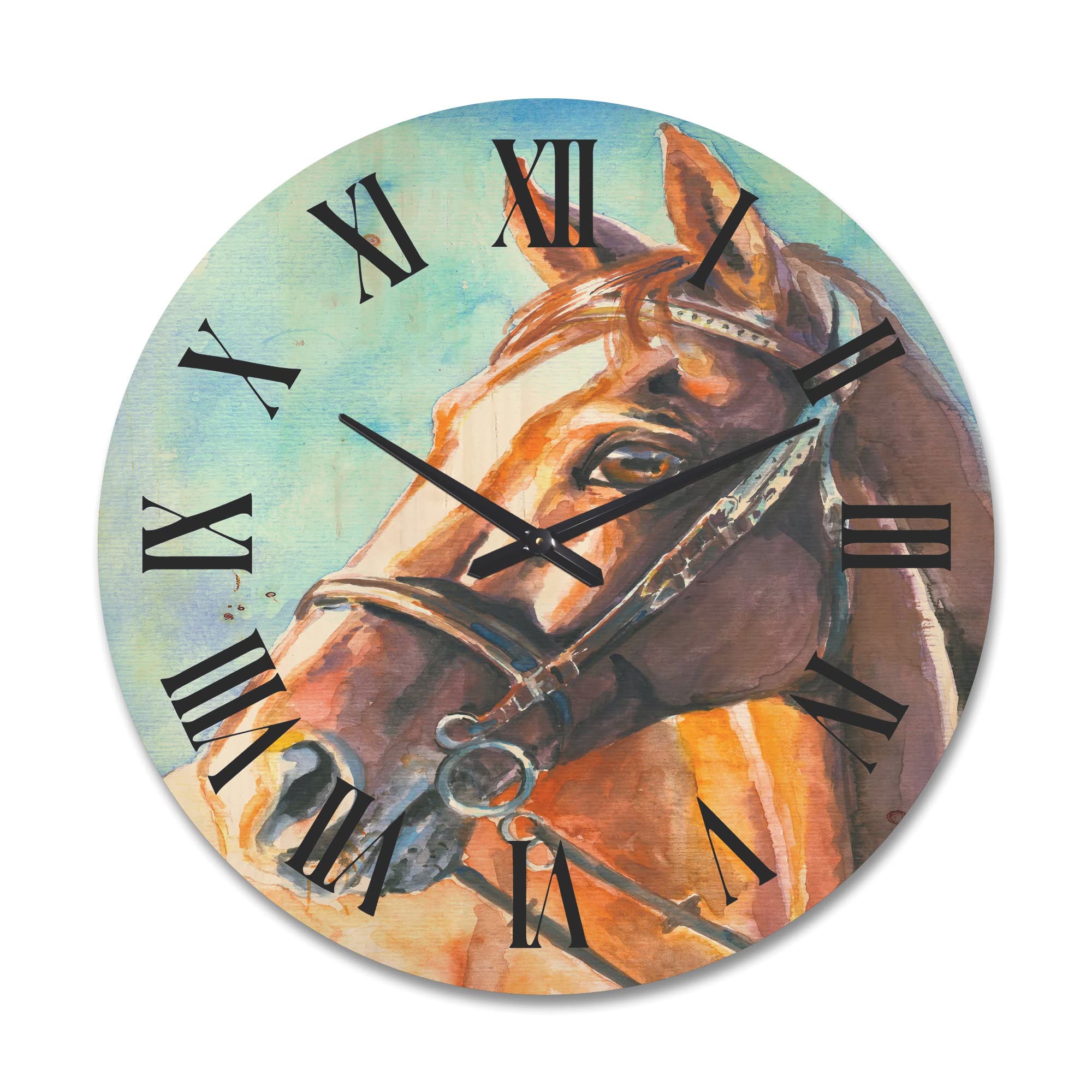 DesignQ Large Farmhouse Wood Wall Clock - Close Up Portrait of A Brown Horse, Oversized Decorative Animal Wall Clock for Living Room, Kitchen, Bedroom & Office Décor