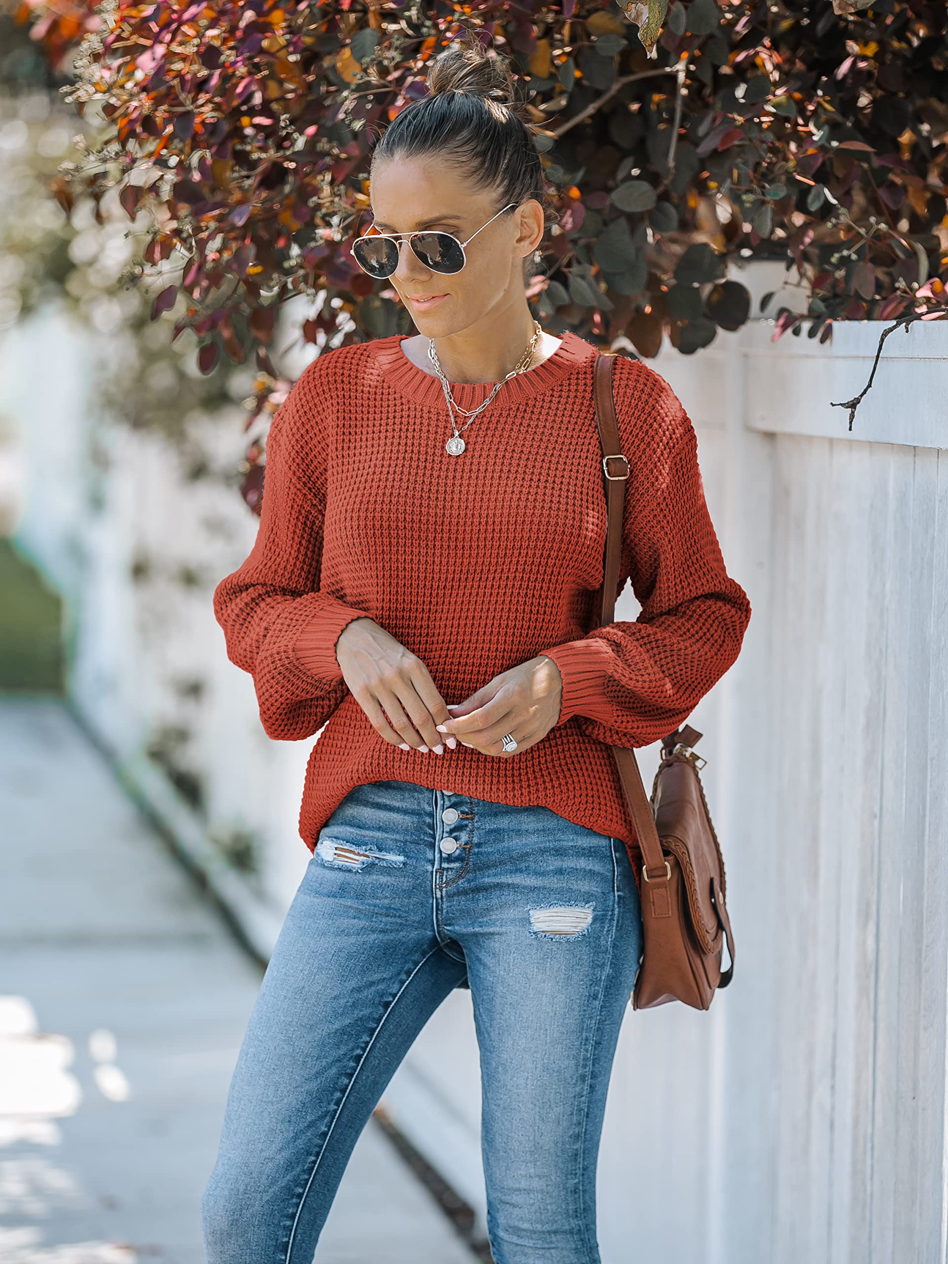 MEROKEETY Women's 2024 Fall Waffle Knit Sweater - Long Balloon Sleeve Loose Pullover Jumper | Cozy Casual Knitwear for Autumn Outfits, Office Wear & Weekend Relaxation