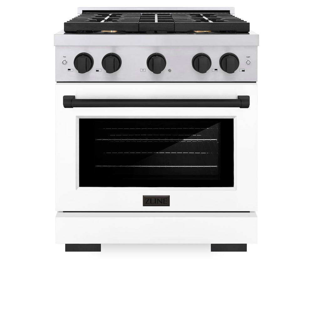 ZLINE Autograph Edition 30-inch 4.2 cu. ft. Dual Fuel Range with 4-Burner Gas Cooktop & Electric Convection Oven - Stainless Steel with White Matte Door & Matte Black Accents (SDRZ WM 30 MB) - Perfect for Modern Kitchens & Professional Cooking