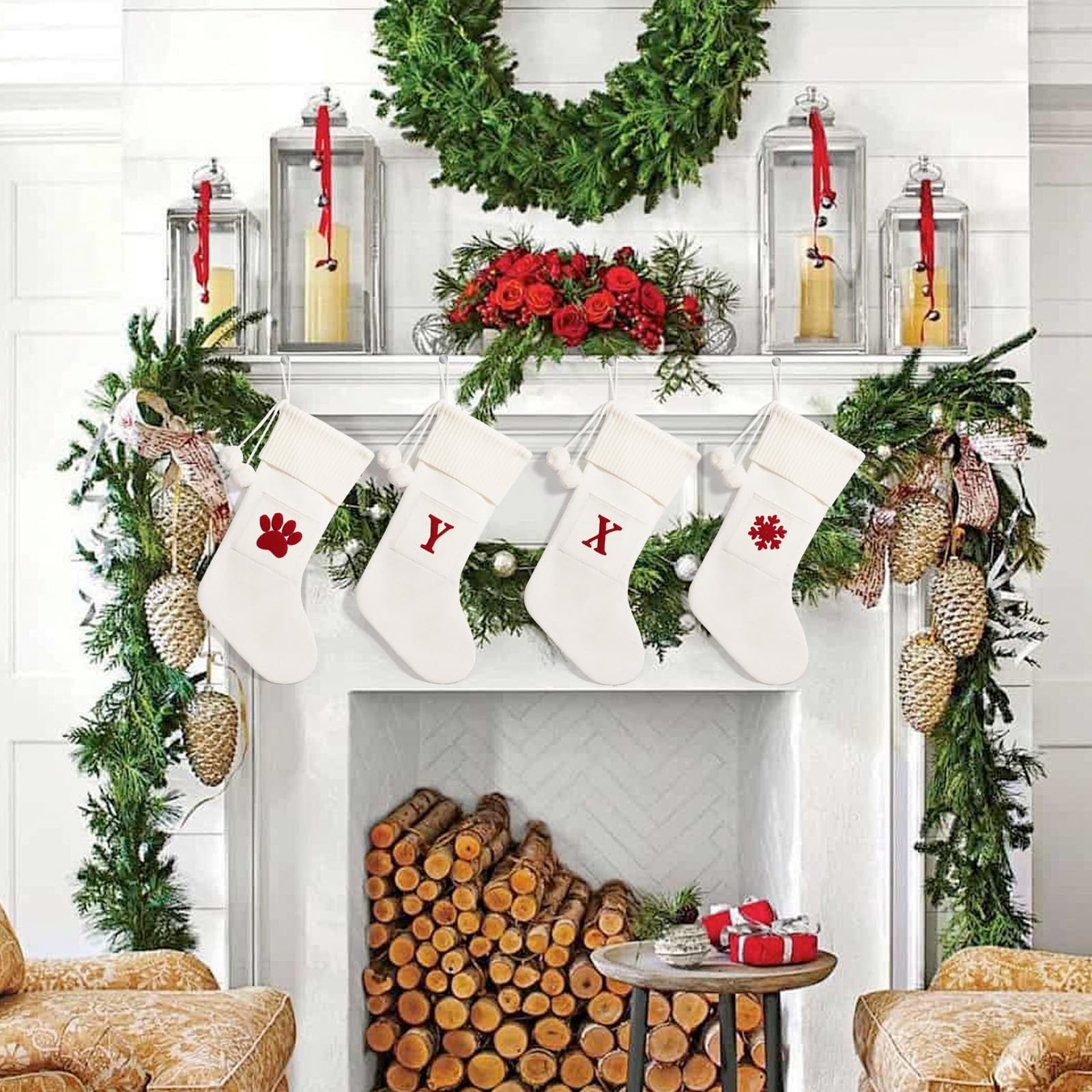 Personalized Knitted Christmas Stockings with Monogram Initials - 16.5 Inch Custom Xmas Stockings for Fireplace Hanging (26 Letters Available) - Perfect for Family Holiday Decorations, Christmas Party Gifts & Cozy Winter Home Decor (White)