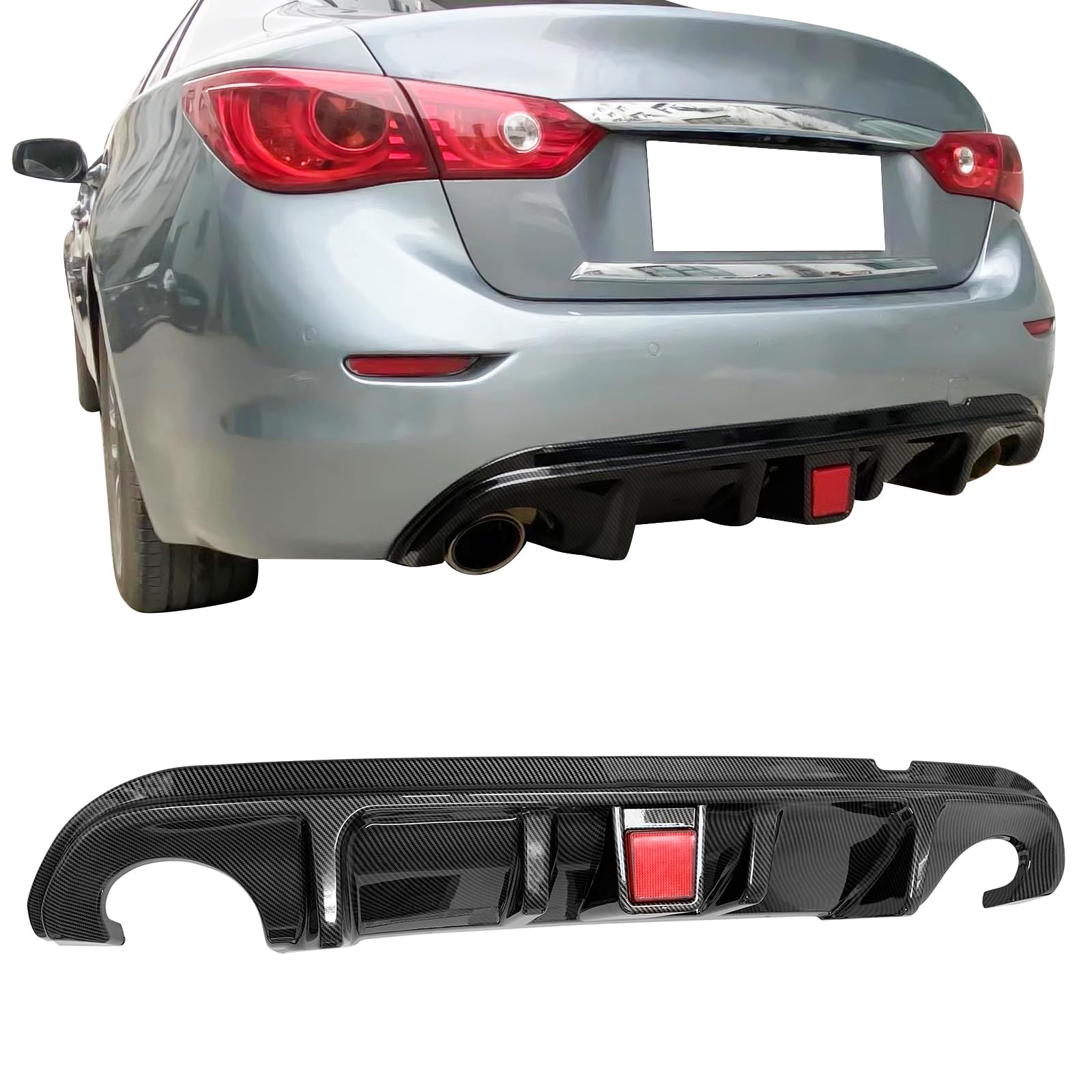 IKON MOTORSPORTS Rear Diffuser for 2014-2017 Infiniti Q50 - Carbon Fiber Style PP Bumper Lip Spoiler with LED Brake Light | Aerodynamic Upgrade | Street Racing & Car Show Accessories