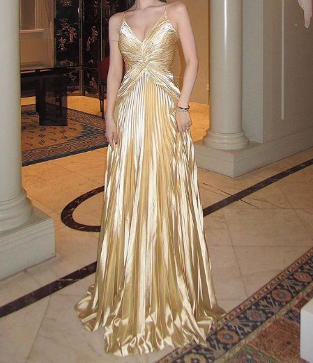Elegant Gold A-Line Spaghetti Strap Satin Long Prom Dress with V-Neck & Pleated Details - Perfect for Evening Gowns, Formal Dances, Weddings & Special Occasions