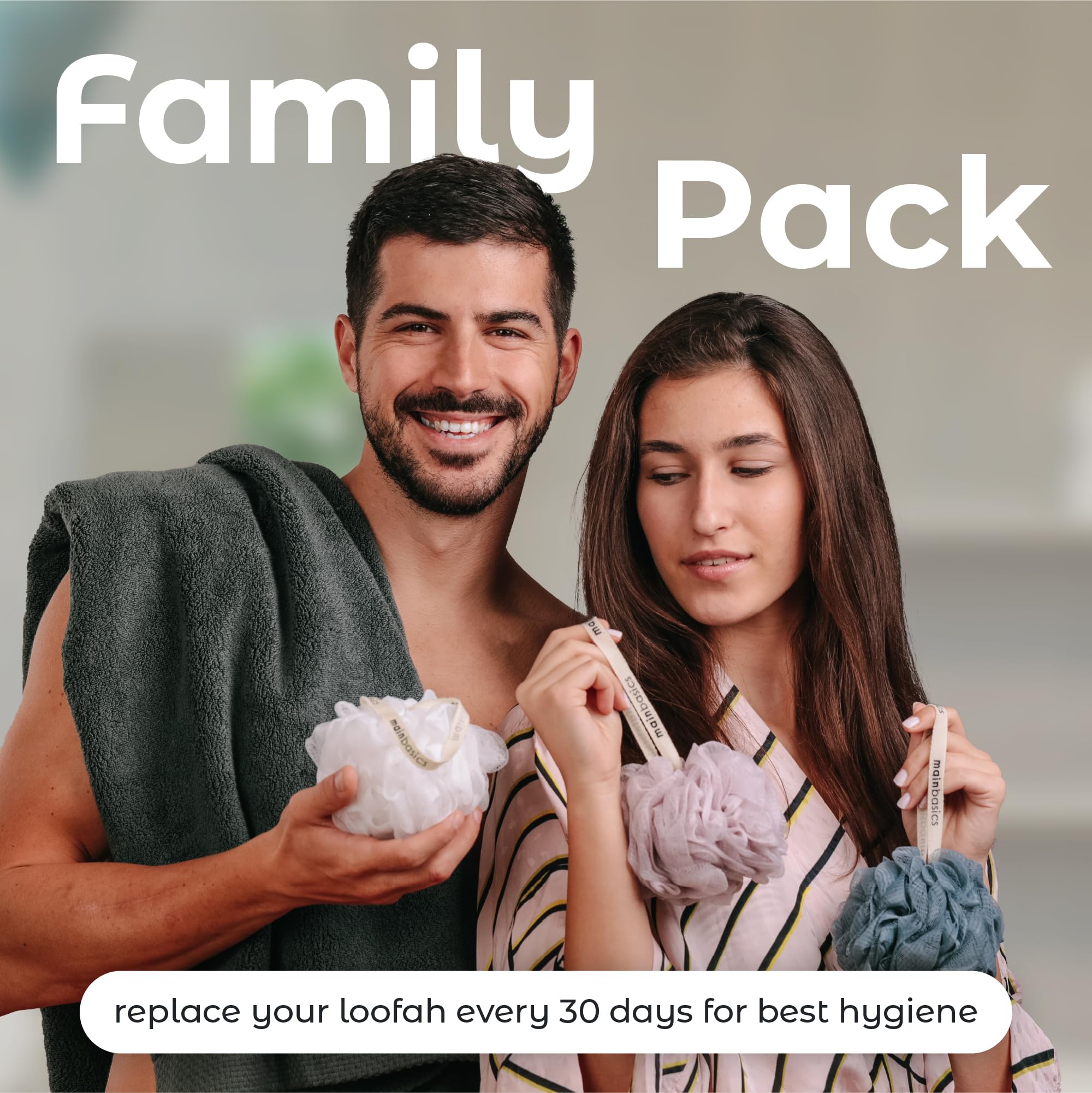MainBasics 3-Pack Bath & Shower Loofah Sponge Pouf - Exfoliating Body Scrubber for Smooth Skin, Soft Airy Blossom Design - Perfect for Daily Body Wash & Spa Exfoliation at Home
