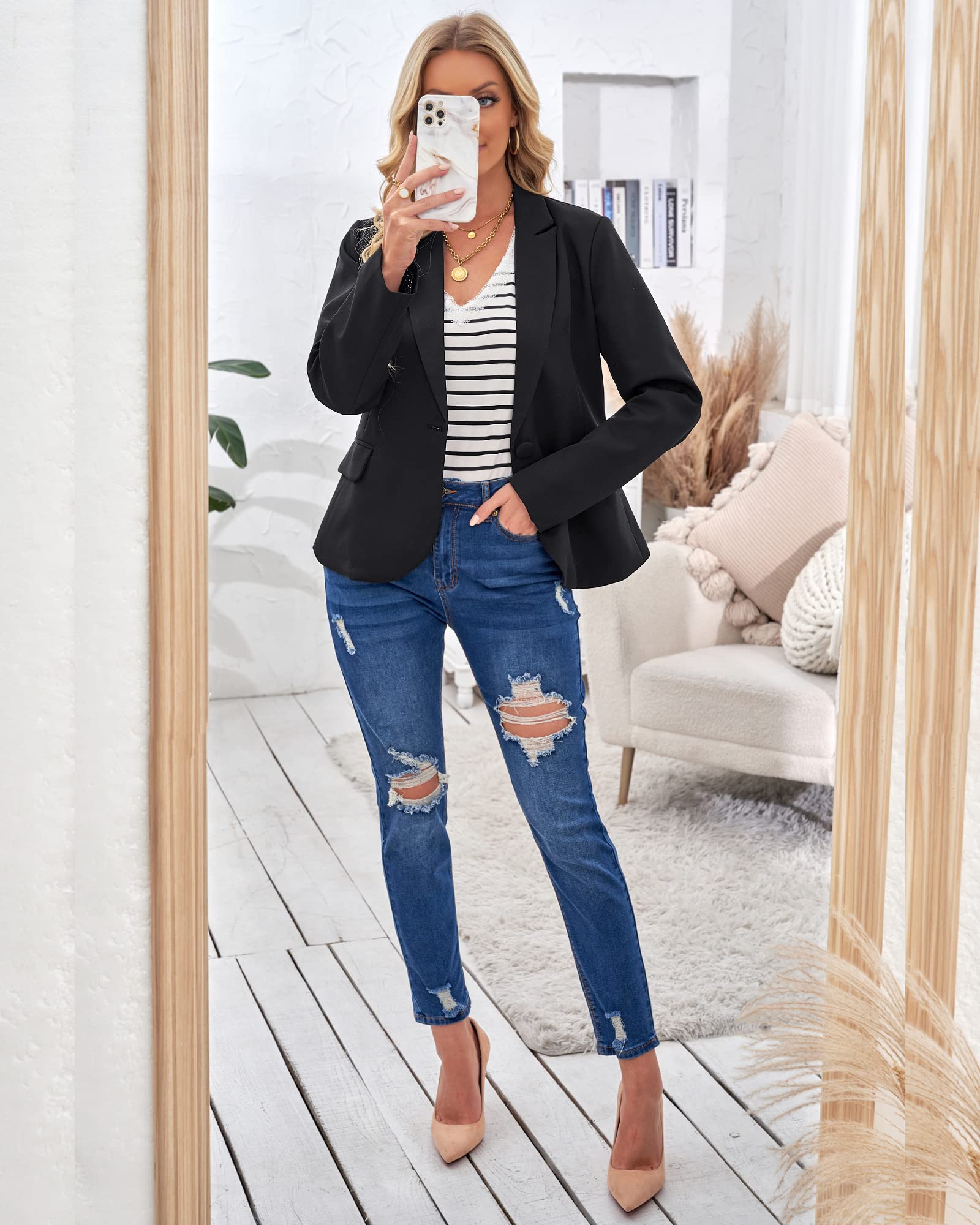 LookbookStore Women's Notched Lapel Blazer with Pockets - Professional Office Suit Jacket for Business, Work & Formal Occasions