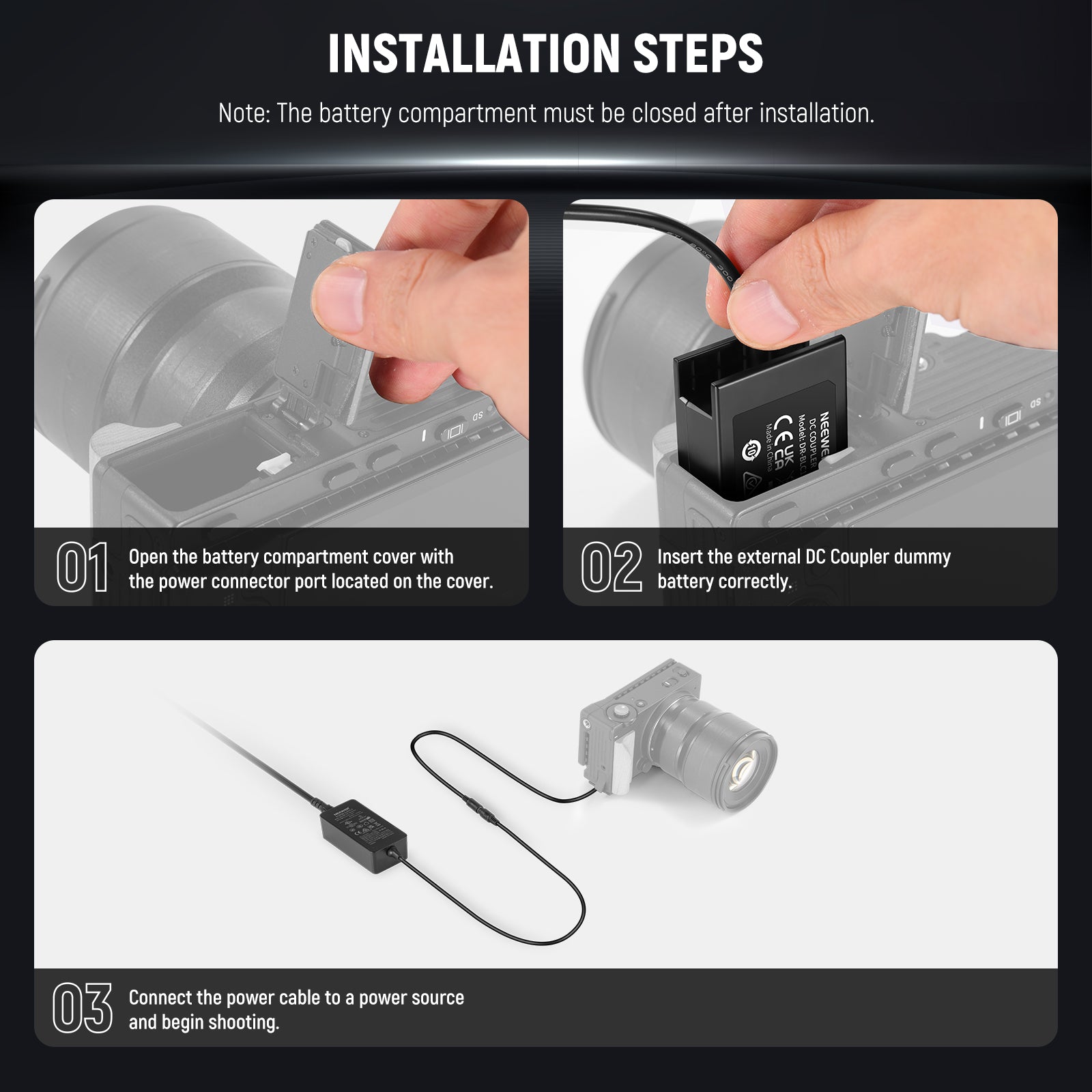NEEWER DMW BLC12 Dummy Battery Coupler Kit for Canon Cameras - AC Power Adapter Replacement for Continuous Shooting & Video Recording - Perfect for Studio, Live Streaming & Photography Sessions