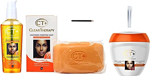 CT+ Clear Therapy Extra Lightening Skin Care Set - Brightening Cream 6.76oz, Cleansing Soap 6.17oz, Serum 2.37oz, Liner101 LPS40 Pencil & Fragrance Sample | For Dark Spots, Hyperpigmentation & Even Skin Tone | Daily Skincare Routine & Gift Set