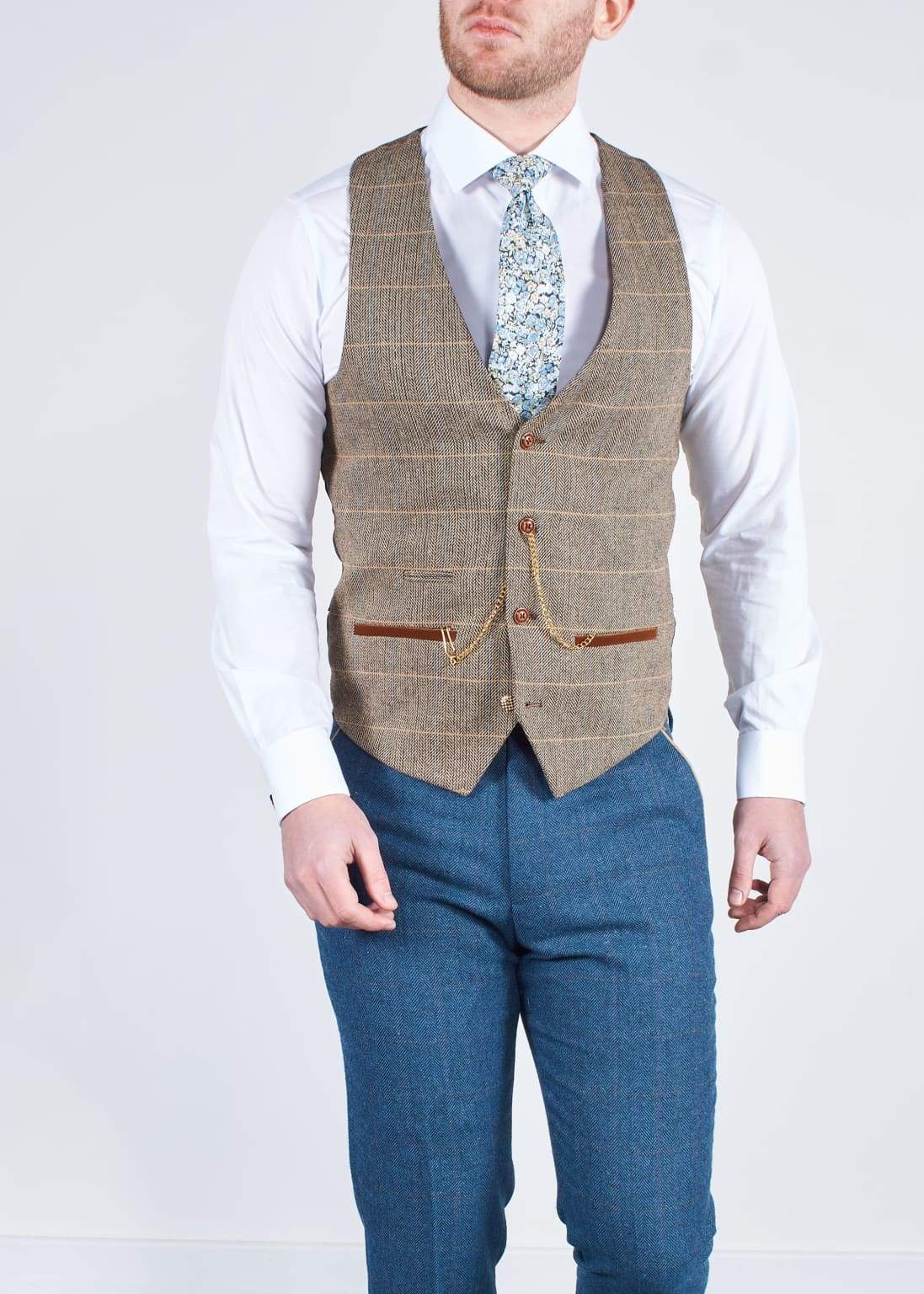 Marc Darcy Blue Tweed 3-Piece Wedding Suit with Brown Waistcoat | Formal Groom Attire for Weddings, Prom & Special Occasions