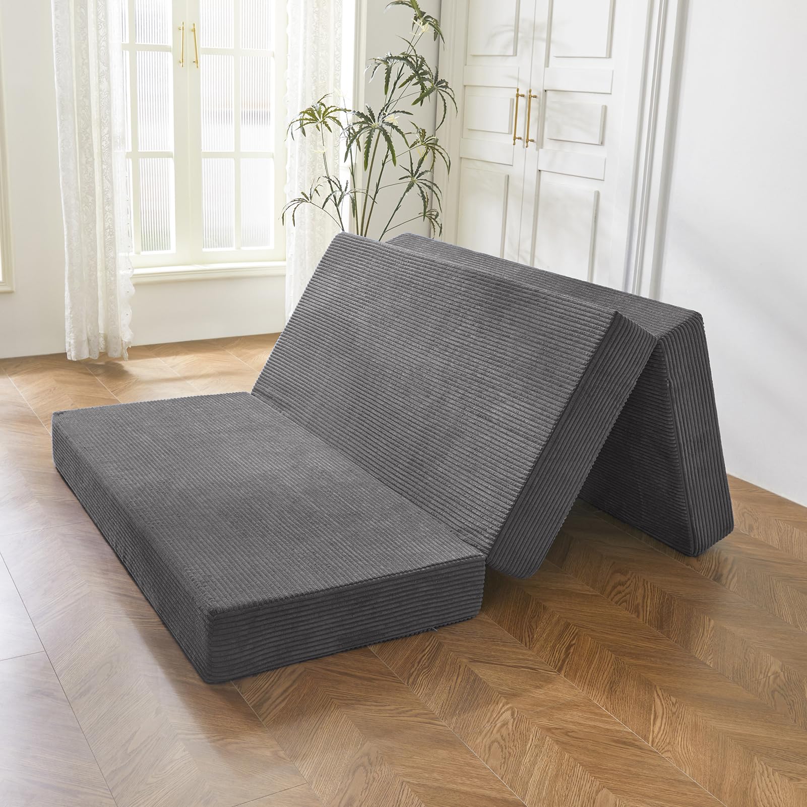 MAXYOYO 6 Inch Corduroy Tri-Folding Gel Memory Foam Mattress Topper - Foldable Guest Bed & Camping Pad in Carbon Grey | Perfect for Spare Rooms, Sleepovers & Outdoor Adventures