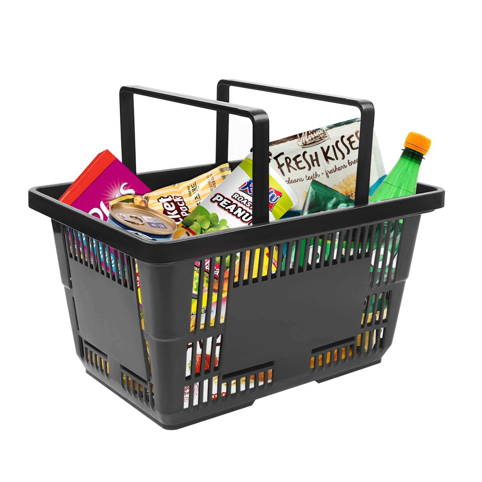 12PCS Collapsible Plastic Shopping Baskets with Handles - 28L Durable Black Storage Baskets for Supermarket, Grocery Store & Retail - Perfect for Shopping, Organizing & Display (Home, Office, Warehouse Use)