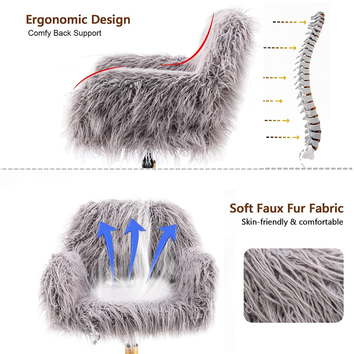 Fluffy Faux Fur Swivel Desk Chair - Adjustable Height Vanity Chair with Golden Base for Home Office, Gaming & Makeup Room - Soft Accent Chair for Small Spaces