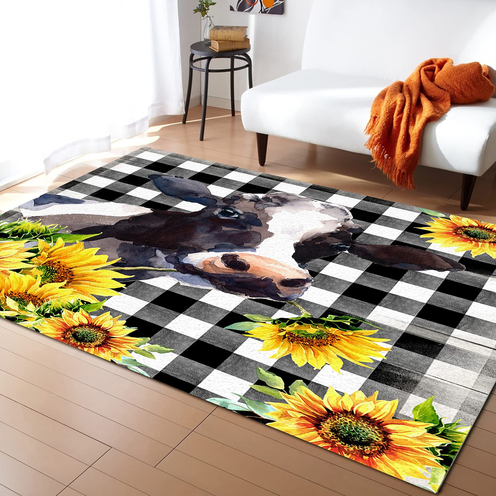 Non-Slip Farmhouse Cow Print Area Rug 5'x8' - Sunflower Black & White Plaid Indoor Rug with Rubber Backing, Fade-Proof & Washable - Perfect for Living Room, Bedroom, Dorm or Office Decor