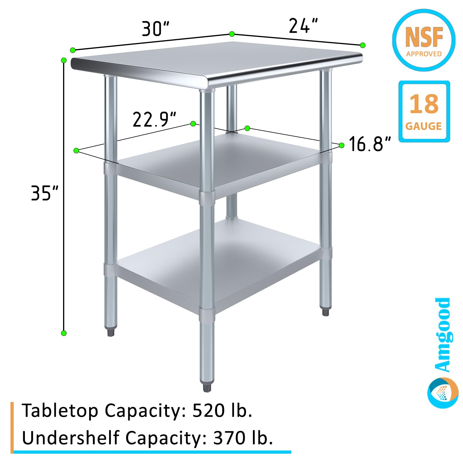 AmGood Stainless Steel Work Table with 2 Shelves | NSF Certified Commercial & Residential Utility Table | 30