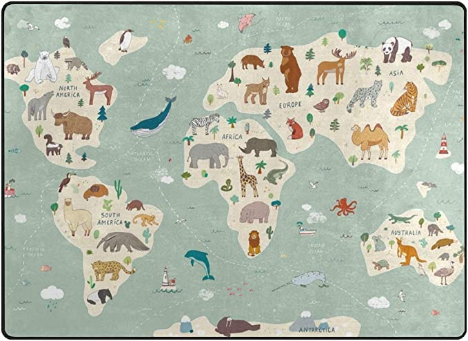 Vantaso Soft Foam Nursery Rug - World Map with Animals Design, Non-Slip Play Mat for Kids (72