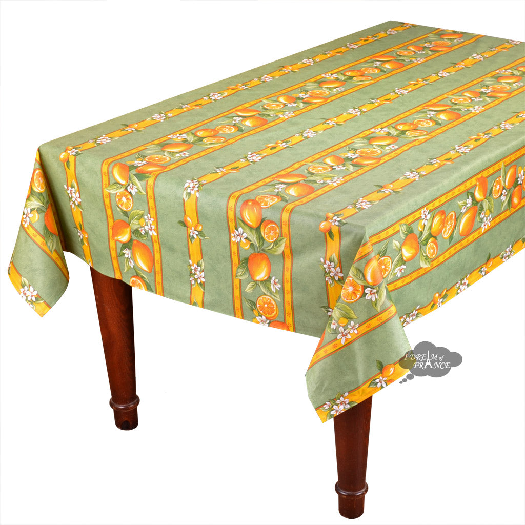 60x78 Inch Rectangular Lemon Green Acrylic-Coated Cotton Tablecloth by Tissus Toselli - Waterproof & Wrinkle-Resistant Dining Table Cover for Kitchen, Party, and Outdoor Use