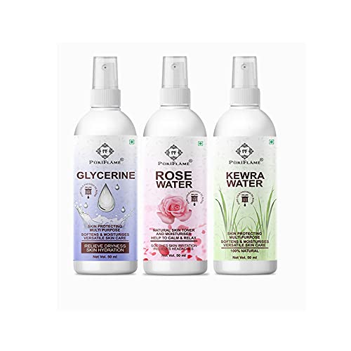 **PuriFlame 3-in-1 Skincare Set: 100% Pure Glycerin for Hydration, Rose Water for Blackhead Prevention & Kewra Water for Pore Cleansing – 50ML Each (Combo Pack) – Perfect for Daily Skincare & DIY Beauty Treatments**
