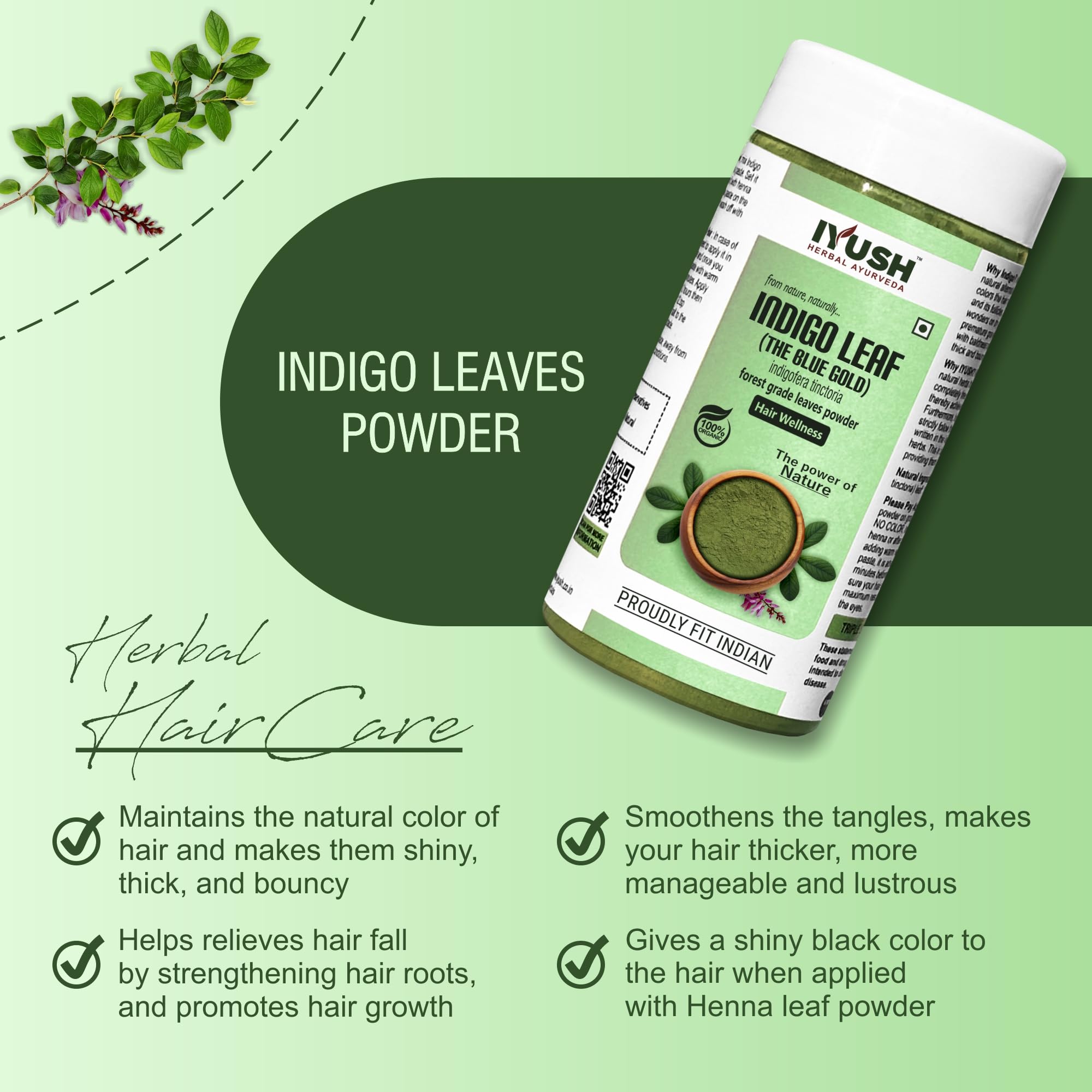 Organic IYUSH Ayurvedic Indigo Powder for Hair - 250gm | Natural Herbal Hair Dye | Chemical-Free Gray Coverage | Vegan & Cruelty-Free | Perfect for DIY Hair Coloring at Home