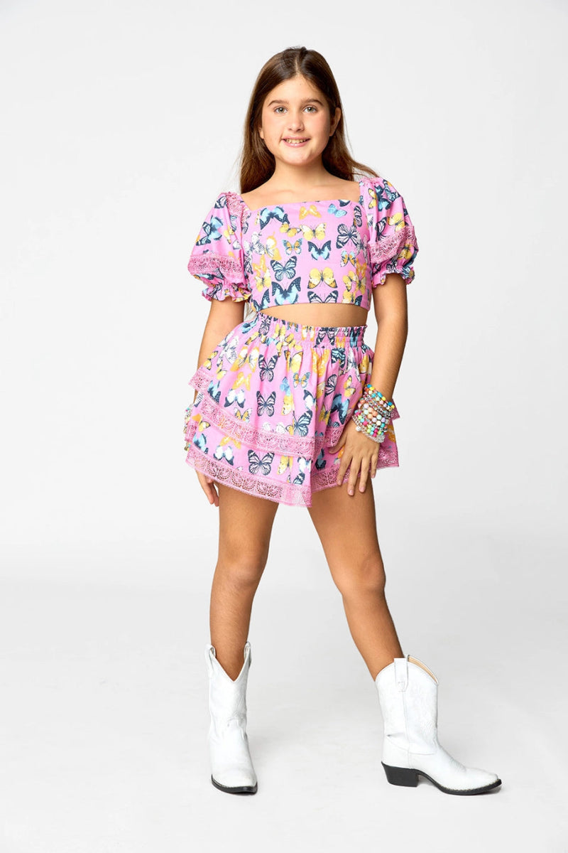 SIMONE BUTTERFLIES PUFF SLEEVE TOP & SKIRT SET - Women's Floral Print Blouse and Midi Skirt Outfit for Spring Summer Fashion | Perfect for Garden Parties, Date Nights & Casual Wear