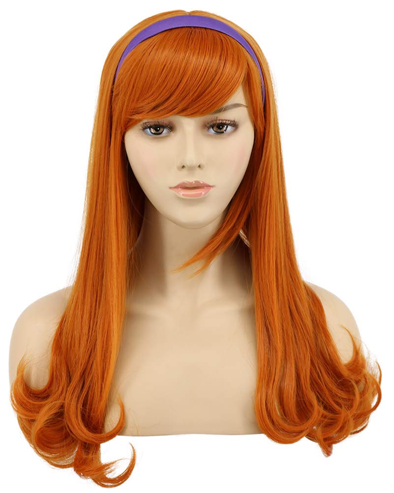 VGBeauty Long Wavy Orange Wig with Purple Headband for Women - Anime Cosplay, Halloween Costume, Party & Themed Events (Perfect for Cosplayers, Halloween Parties & Costume Events)