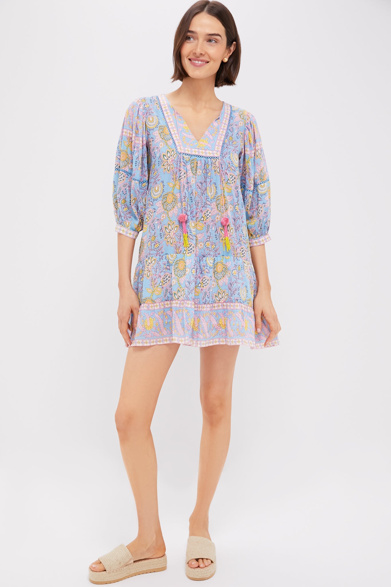 Blue and Yellow Printed Zoe Mini Dress - Floral Summer Party Dress for Women | Perfect for Beach Vacations, Date Nights & Casual Outings
