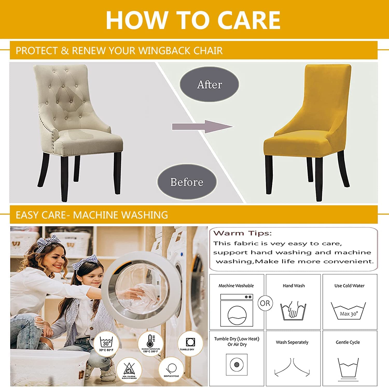 Velvet Dining Chair Covers - Stretchable Wingback Armchair Slipcovers (2 Pack, Yellow) | Soft Furniture Protectors for Dining Room, Hotel & Wedding Decor | Perfect for Home, Restaurant & Event Seating