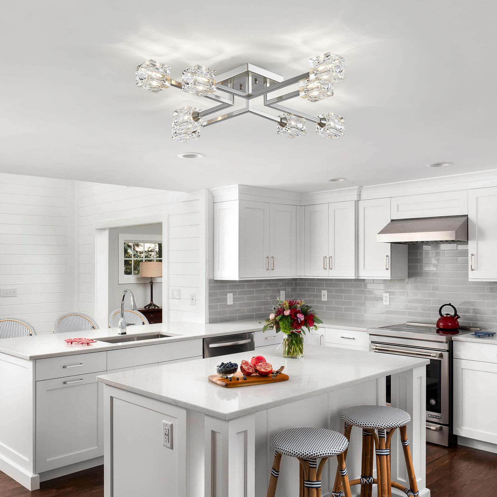XINGQI 8-Lights Modern Semi Flush Mount Ceiling Light Fixture - Brushed Nickel Sputnik Chandelier for Dining Room, Living Room, Kitchen, Bedroom & Entryway - Elegant Lighting Solution for Home Decor & Interior Design
