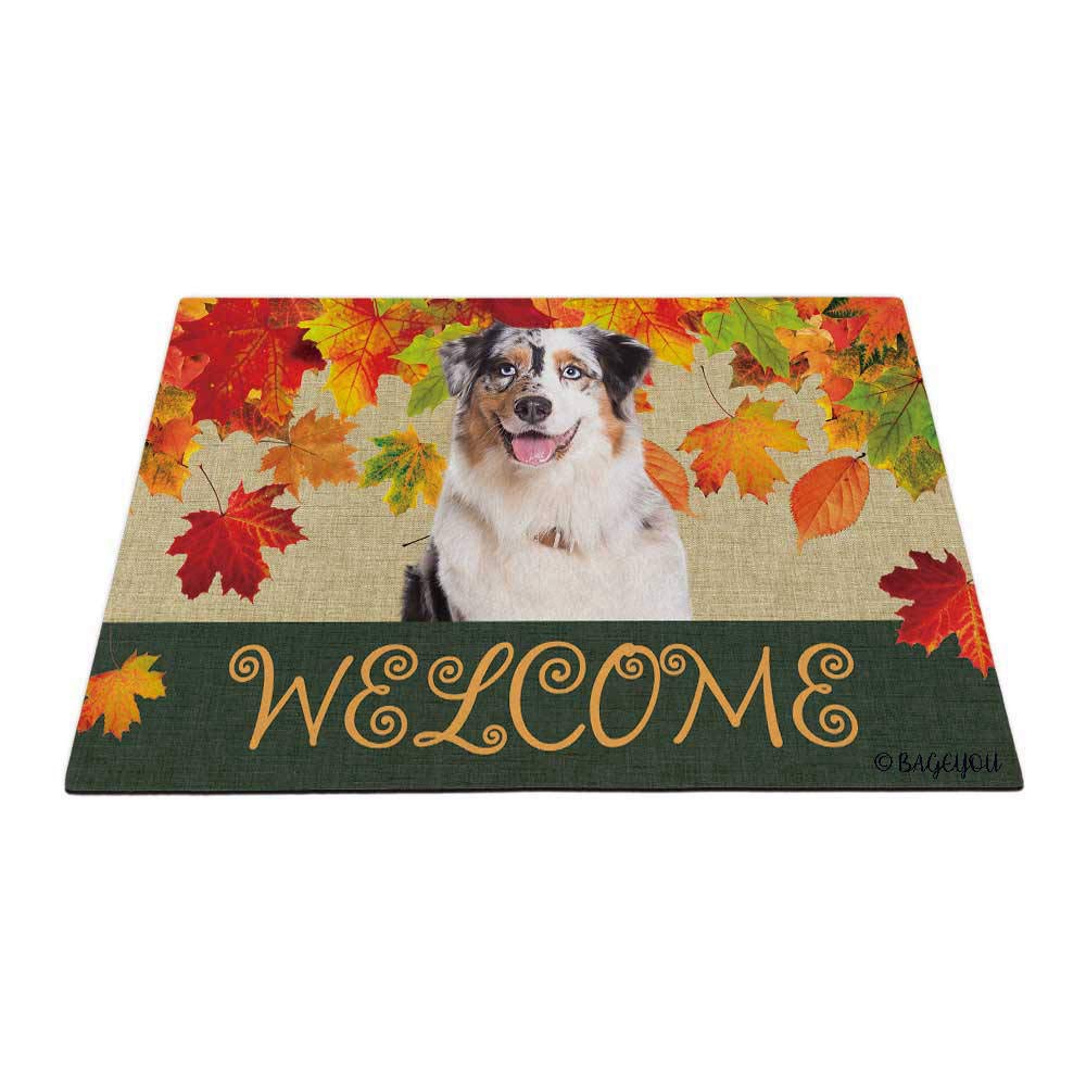 Australian Shepherd Dog Doormat - Fall Harvest Maple Leaf Design 27.5x17.7 Inch Outdoor Porch Rug for Autumn Decor | Perfect Welcome Mat for Dog Lovers, Farmhouse Entryway & Seasonal Home Decor