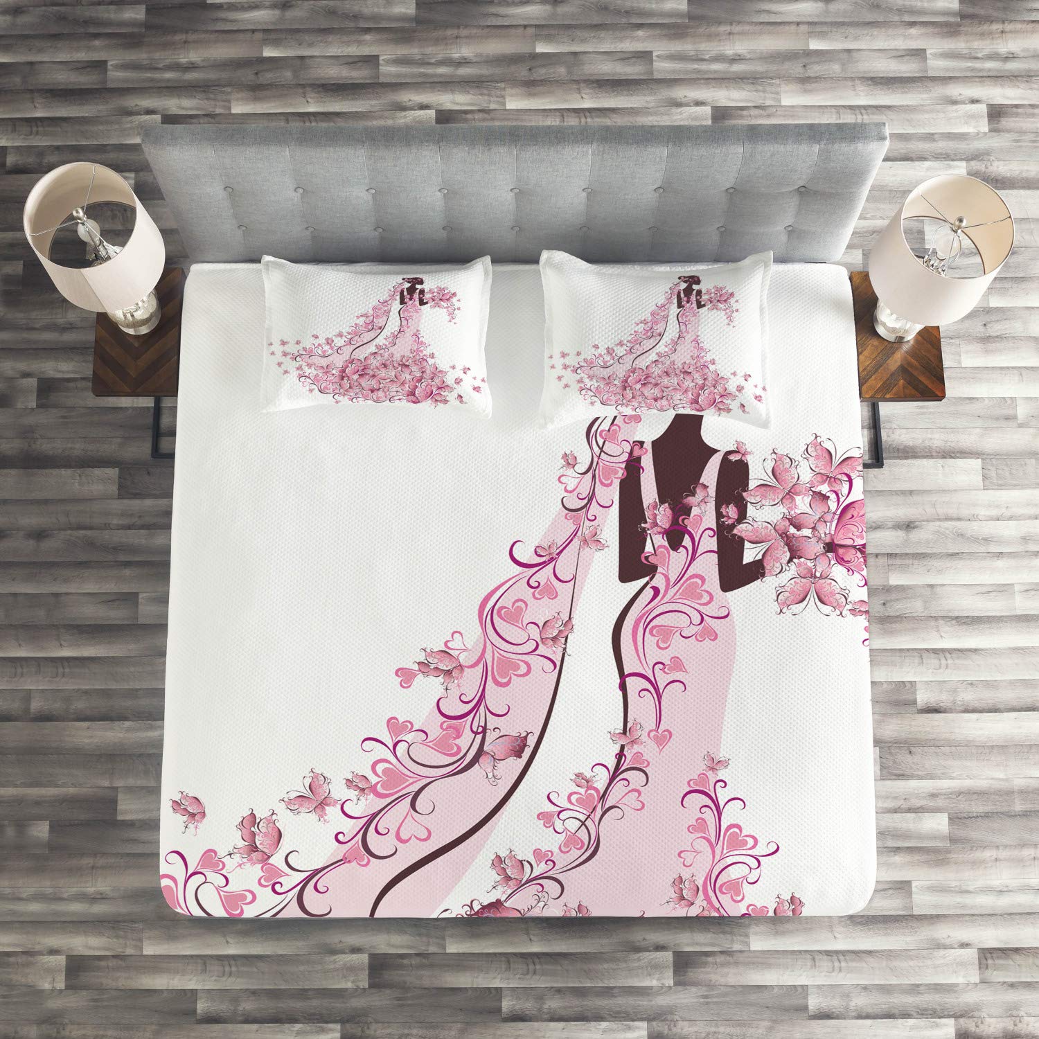 Ambesonne 3-Piece King Size Wedding Bedspread Set - Floral Hearts & Butterflies Quilted Coverlet with 2 Pillow Shams in Pale Pink, Maroon & White | Bridal Bedding for Wedding Night, Anniversary Gift & Romantic Bedroom Decor