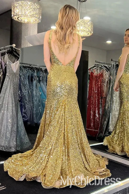 Elegant Gold Sequin V-Neck Mermaid Evening Dress for Women - Backless Formal Gown for Prom, Party & Special Occasions