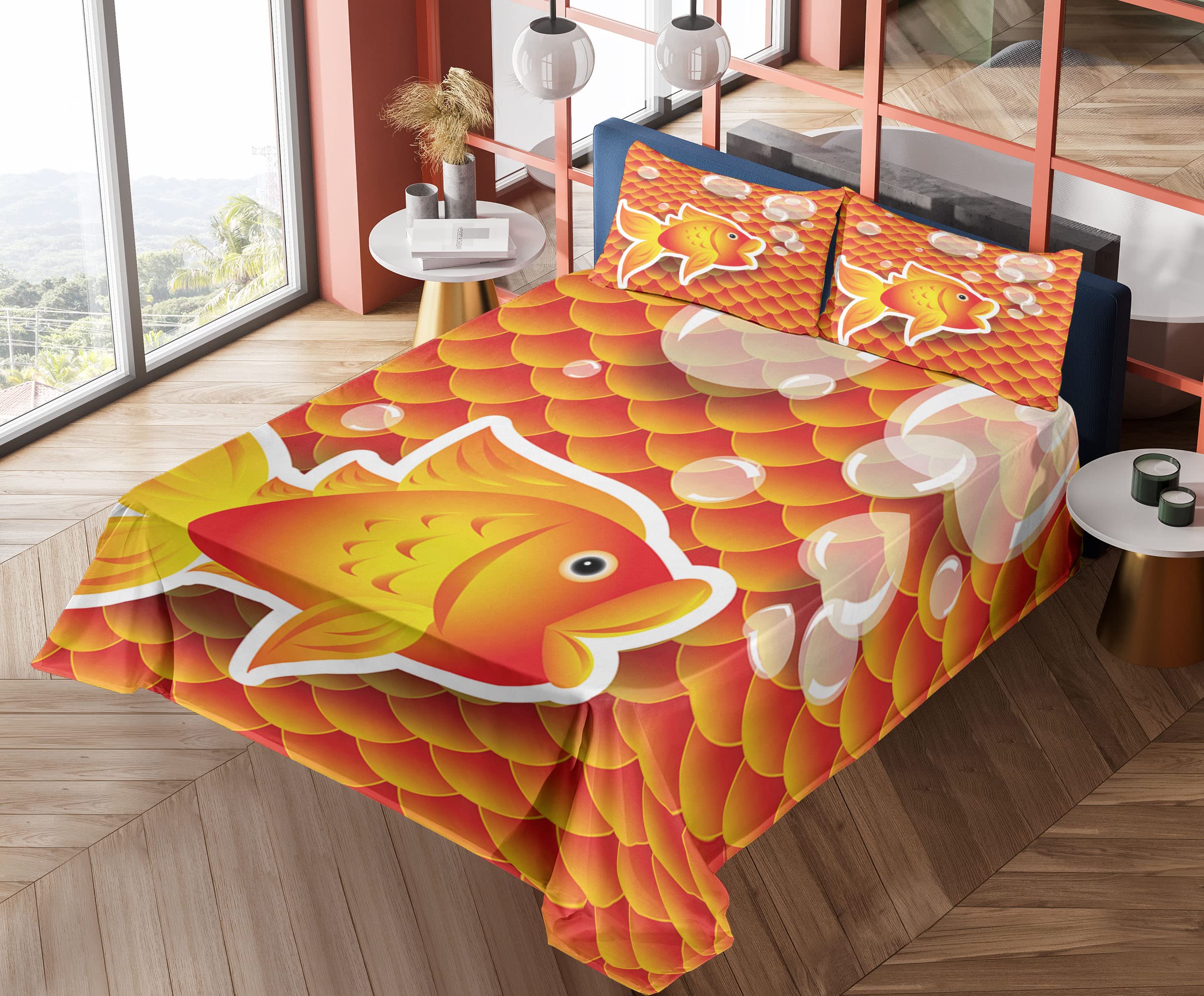 Ambesonne Orange Sheet Set - Small Goldfish & Bubbles Nautical Sea Print 3-Piece Bedding Set (Fitted Sheet, Flat Sheet & Pillowcase) for Twin XL - Burnt Orange | Perfect for Coastal Themed Bedrooms, Guest Rooms & Kids' Rooms