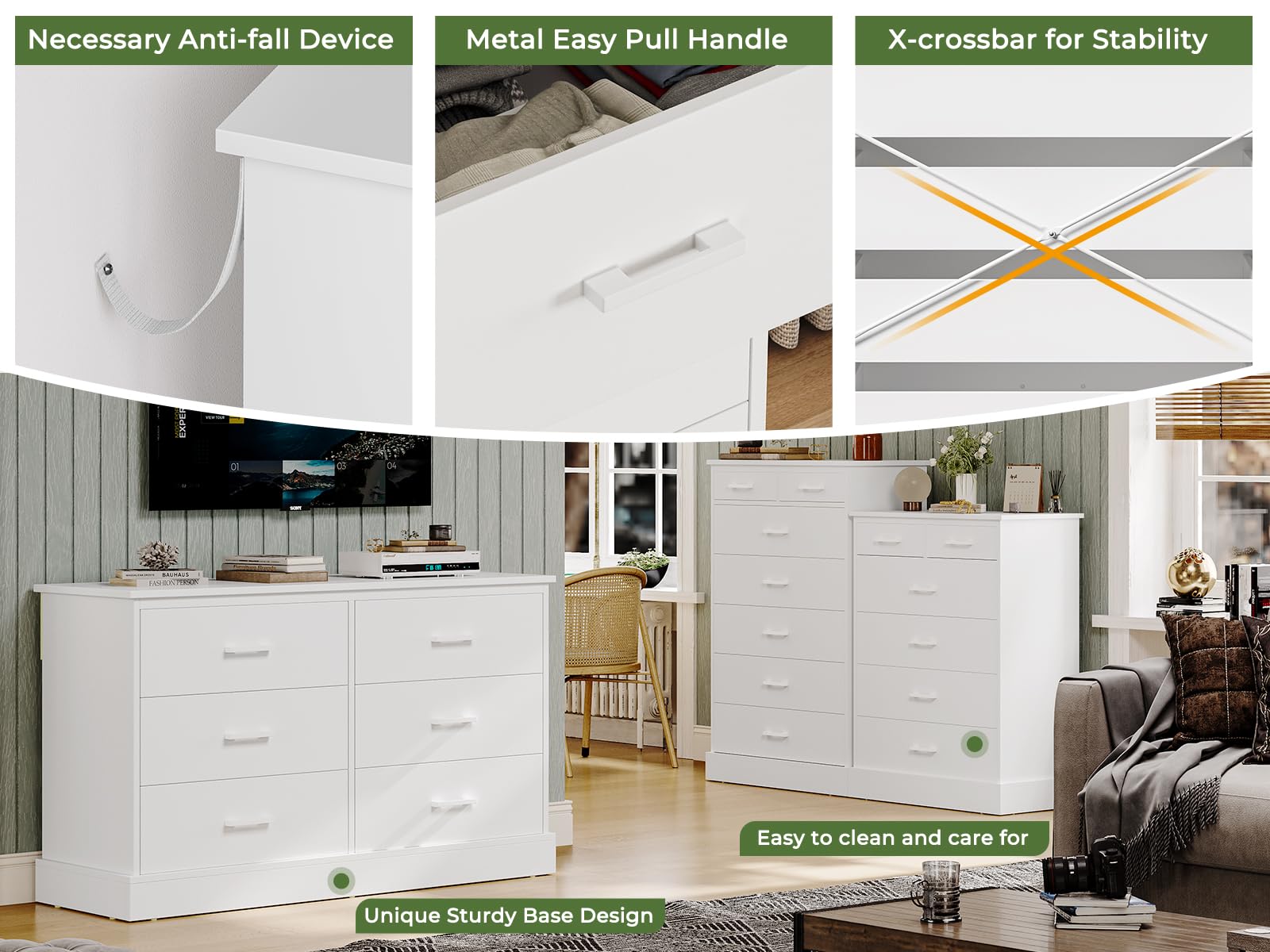 Hasuit White 7-Drawer Tall Dresser for Bedroom - Solid Wood Storage Cabinet with Sturdy Base, Large Clothes Organizer Tower - Perfect for Closet, Living Room & Hallway Organization (Bedroom Furniture, Home Storage Solution)