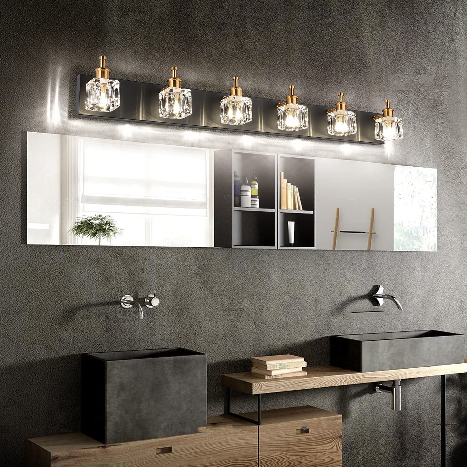 Modern Crystal Bathroom Vanity Lights - 6-Light Black Mirror Lighting Fixture for Bathroom & Dressing Room (Bulbs Not Included) | Elegant Illumination for Makeup, Grooming & Home Decor