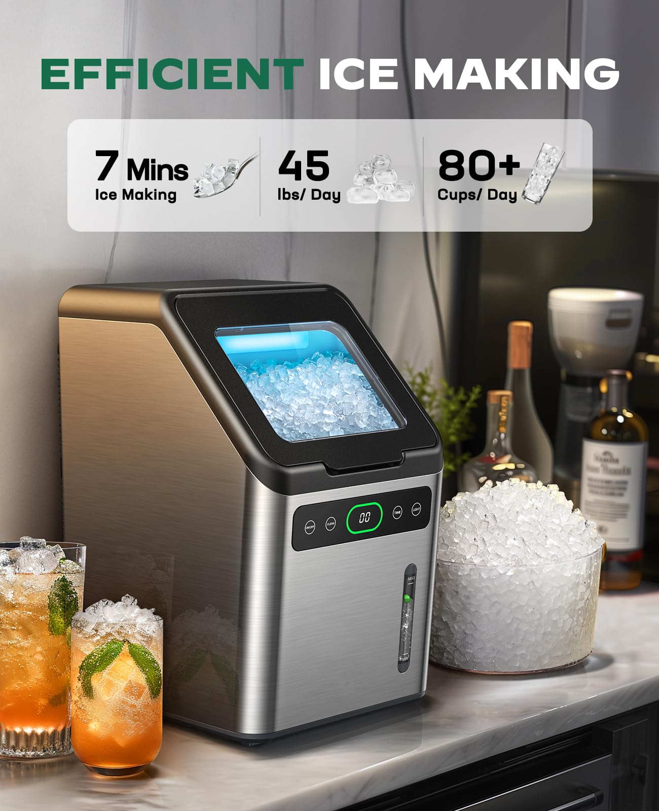 Totnz Countertop Nugget Ice Maker – 44lbs/Day, Self-Cleaning, Timer Function | Soft Chewable Pebble Ice for Home, Kitchen, Office, Bar & Parties | Stainless Steel Design | Perfect for Cocktails, Sodas & Beverage Dispensers